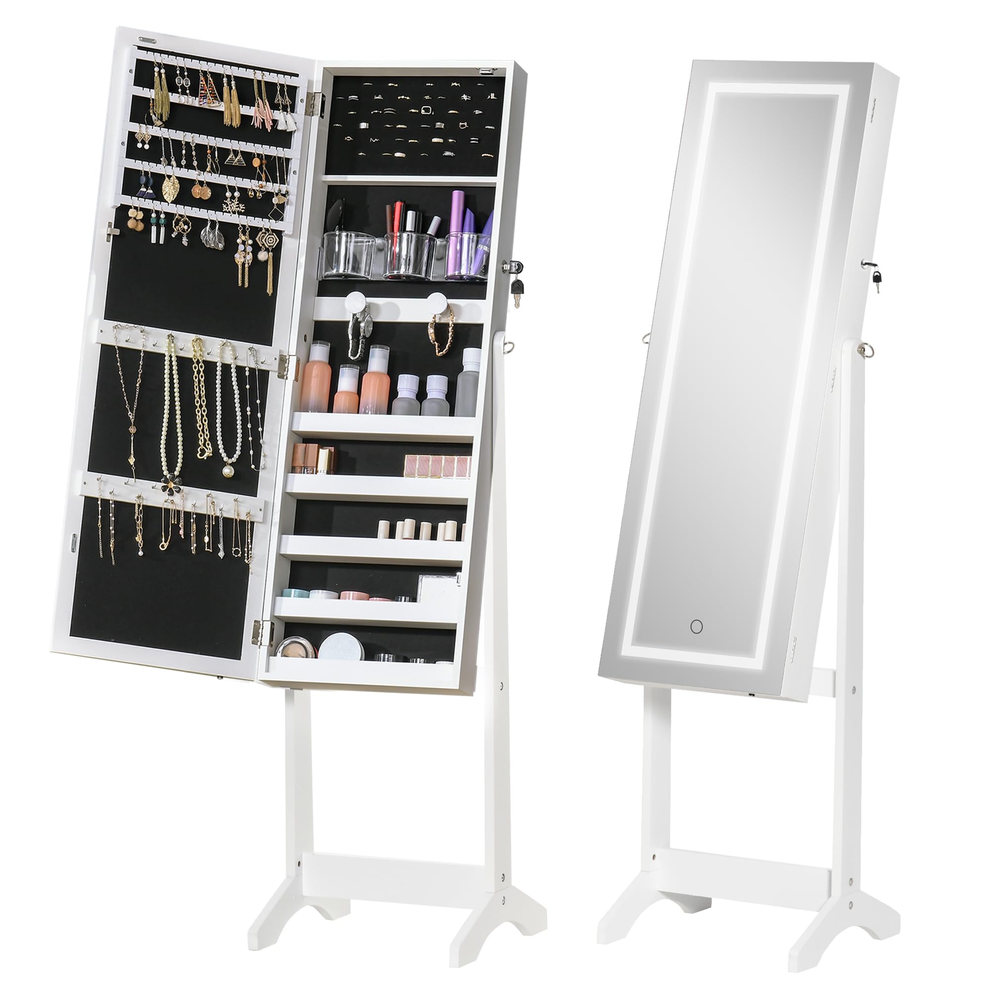 HOMCOM Espejo Joyero con Luces LED, Armario de Pie, Cierre Magnético, Blanco y Forro Negro