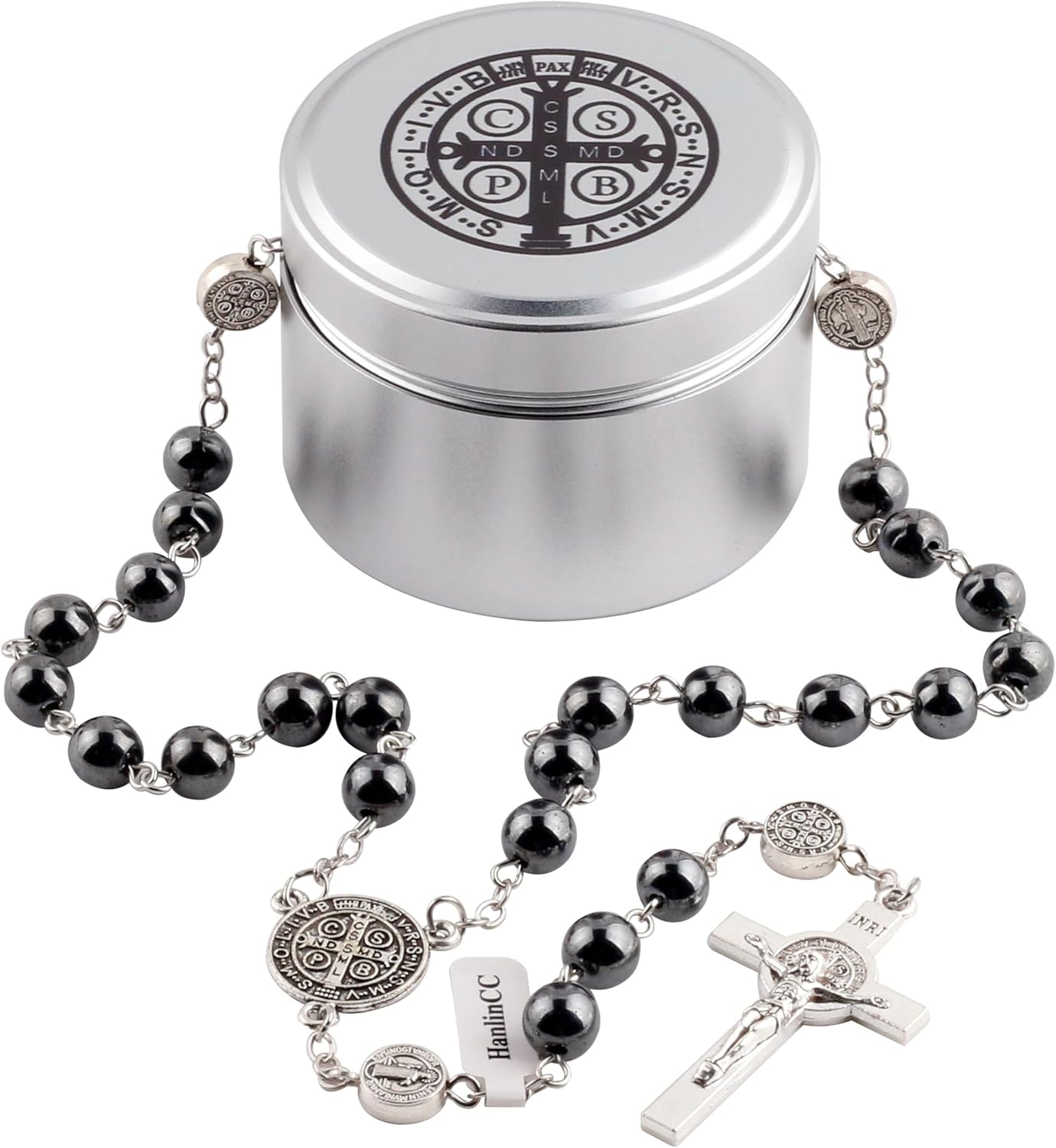 HanlinCC Lava and Hematite Stone Beads Saint Benedict Rosary Necklace with Catholic Titanium Steel Box for Men and Women