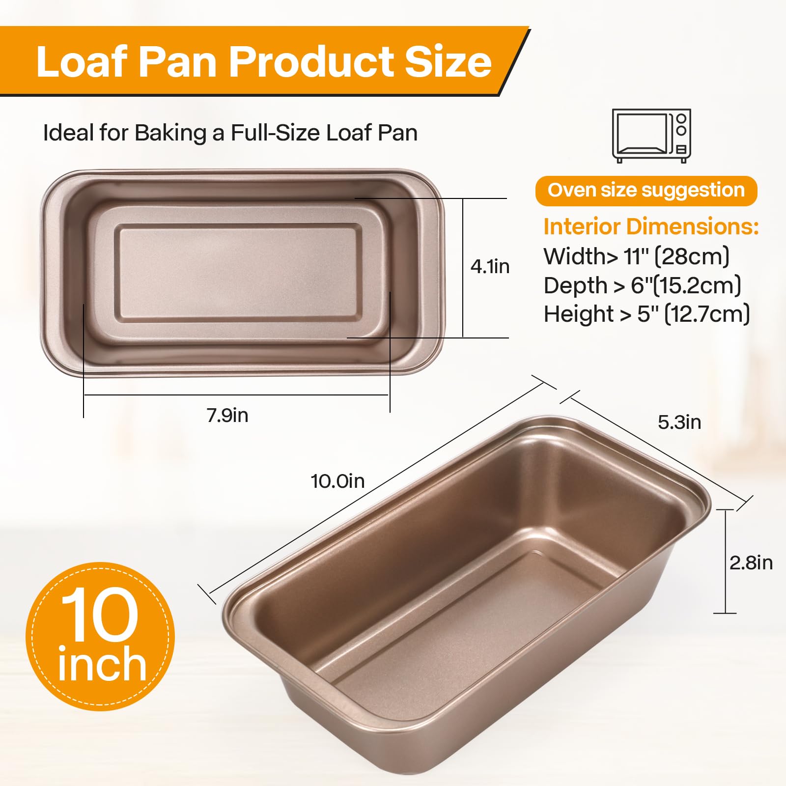 Paquete de 2 moldes multifuncionales dorados de 10 pulgadas, antiadherentes, largos, diseño de almacenamiento apilable, bandeja rectangular para hornear pan de plátano casero y sándwiches