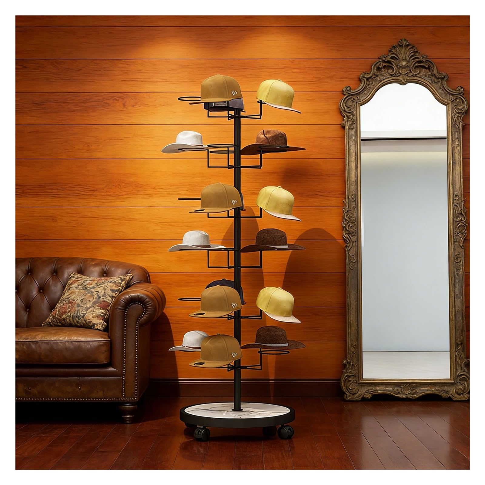YNBSHGAA Large Capacity Hat Display Rack, Metal Stand Holds 30 Hats, 360° Rotatable Freestanding with Wheels for Retail Store,Black