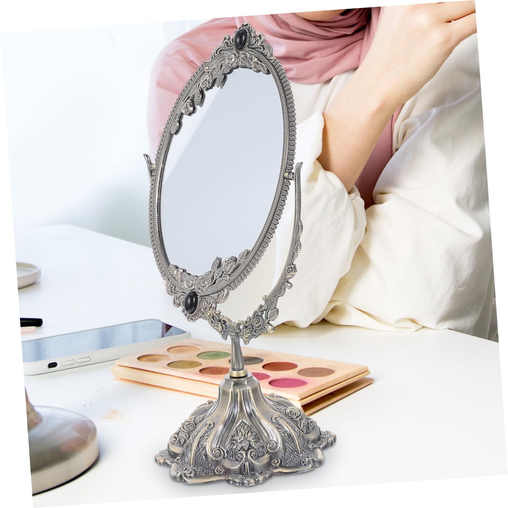 Baluue Doppelseitiger Tischspiegel aus Zinklegierung, Drehbar, Vintage | Make Up und Hochzeit, Flacher Standfuß für Stabile Platzierung, Europäischer Stil mit Hoher Definition
