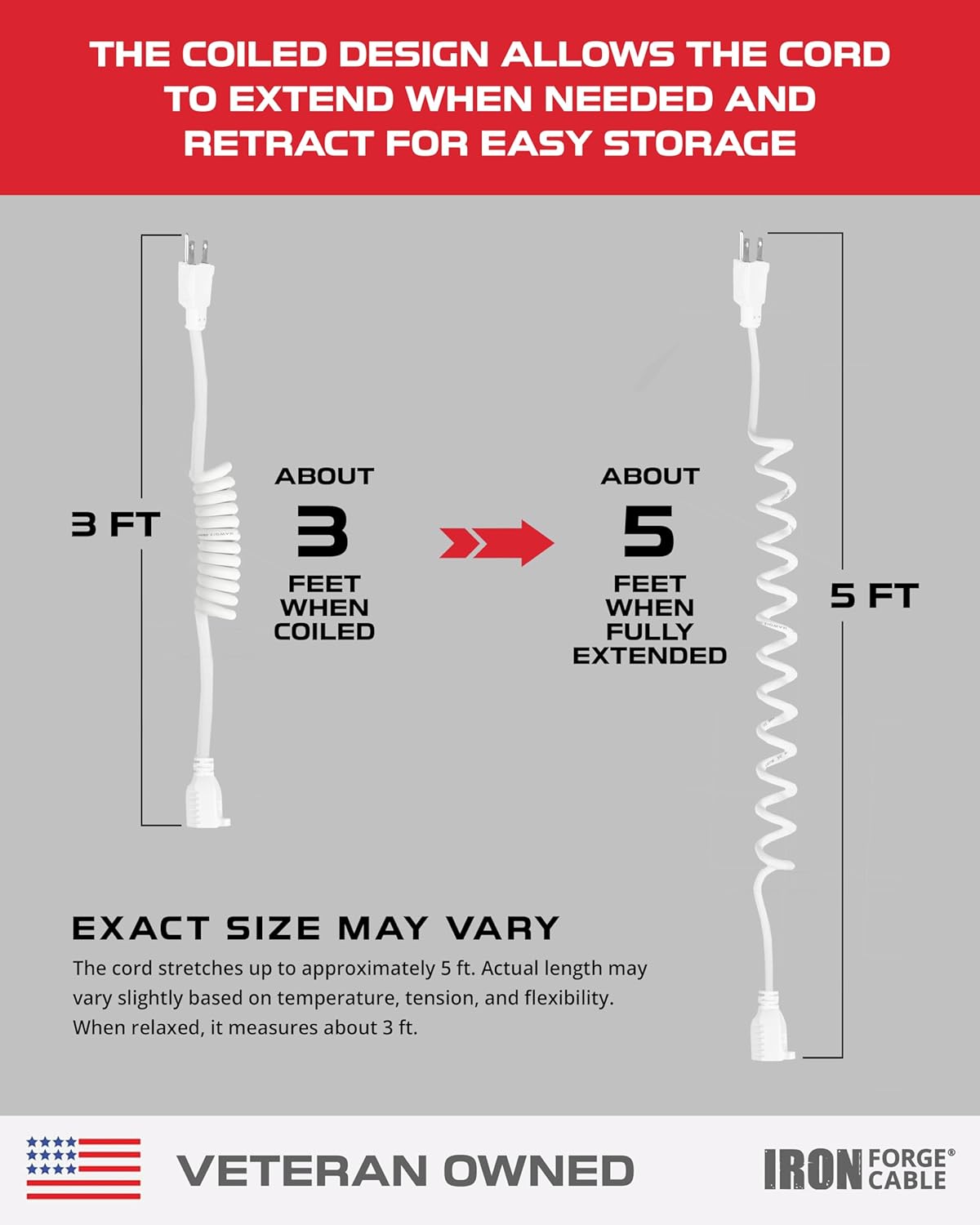 Iron Forge Cable 5 ft White Coiled Extension Cord - 14/3 SJEOW Oil Resistant & Flame Retardant 3 Prong 15 Amp Coiled Power Cord for Indoor or Outdoor Use, Great for Farms & Ranches