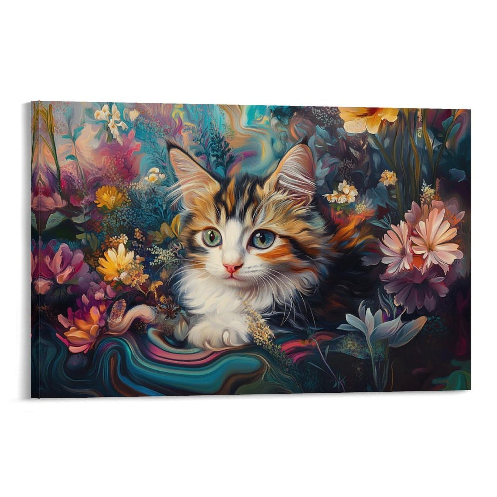 CPLVKWRQJ Whimsical Kitten Individual Fantasy Floral Art Wall Art Pieces - Office Canvas Print Fade Resistant Wall Focal Art Ready to Hang 12x18inch(30x45cm)