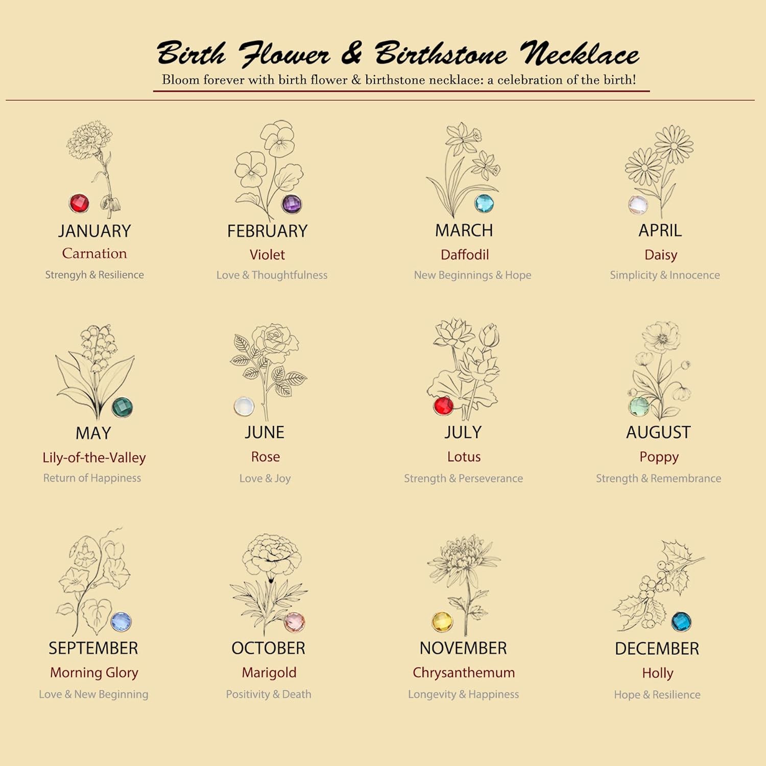 Dainty Birth Month Flower Charms Birthstone Necklace for Women Birthday Gifts,14k Gold Plated Personalized Floral Jewelry Gift for Her - Image 3