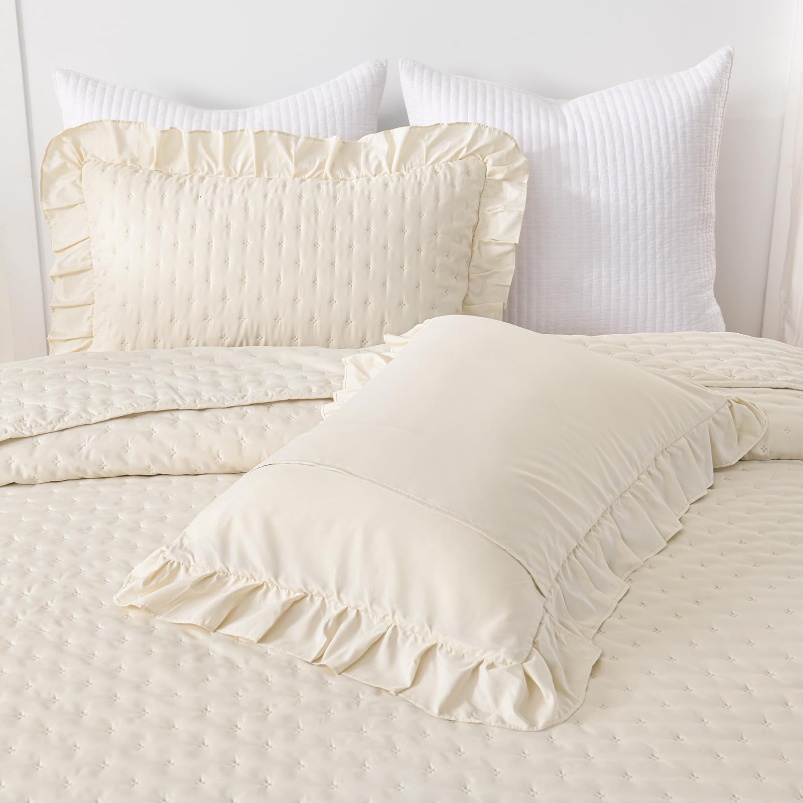 WONGS BEDDING Colcha de 240 x 260 cm, color beige, 3 piezas, incluye 2