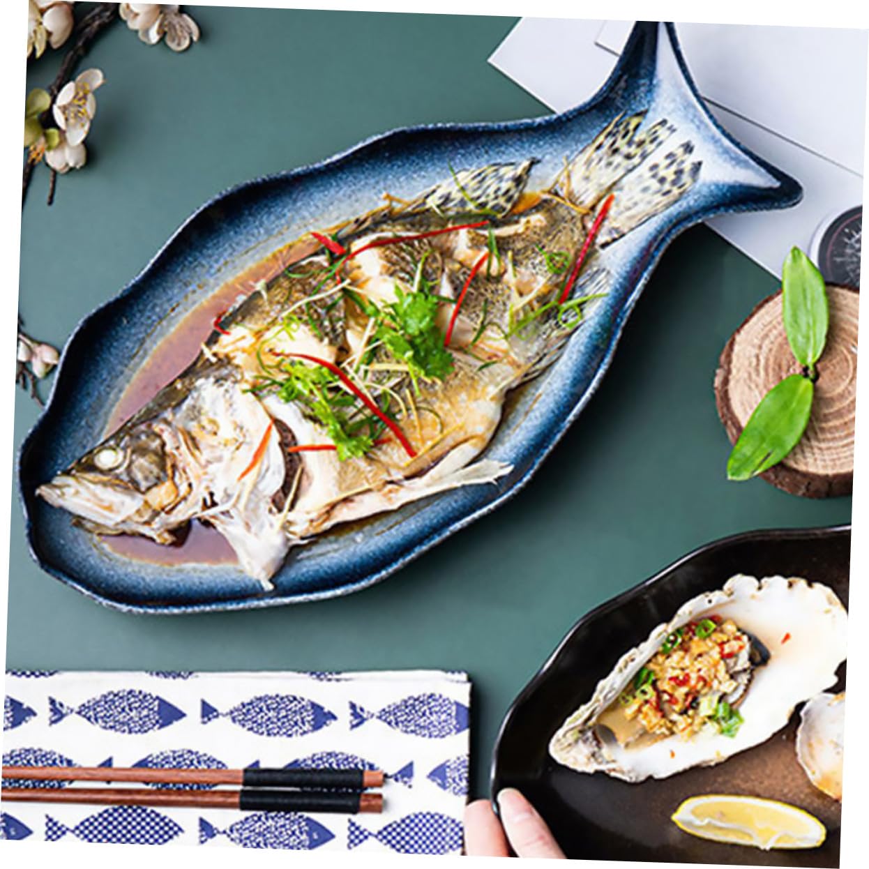 VICASKY Piatto Ceramica Forma di Pesce per Portata e Vapore | Servizio Pesce e Frutti di Mare, Antipasti in Tavola, Idea Regalo per Casa e Cucina