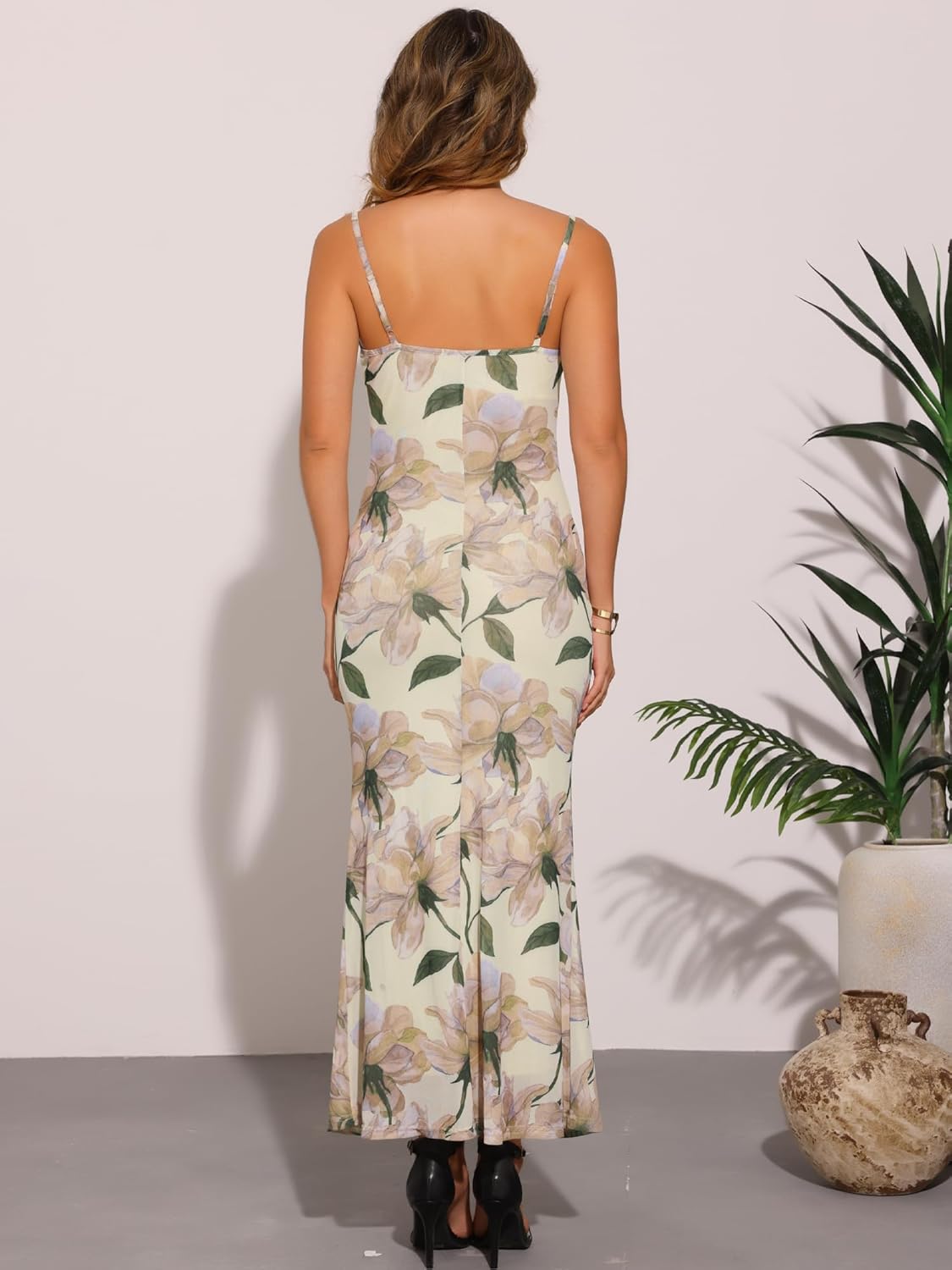 Allegra K Women's Mesh Floral Maxi Dress Wedding Guest Spaghetti Strap Bodycon Cocktail Dresses - Image 4