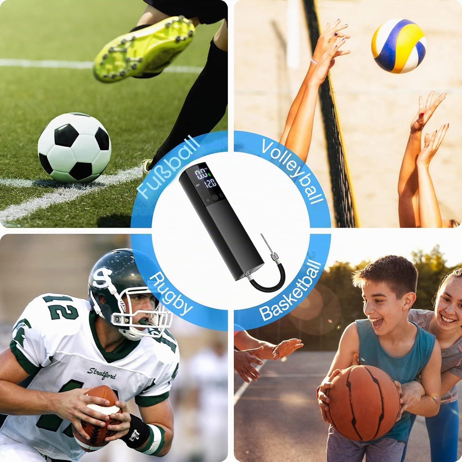 Elektrische Ballpumpe, tragbare automatische Ballpumpe für schnelles Aufpumpen von Bällen mit präzisem Manometer und digitalem LCD-Display für Basketball, Fußball, Volleyball (2 Nadeln und 1 Düse)