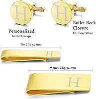 Vista 6 de LOYALLOOK 4Pcs Stainless Steel Engraved Initial Cufflinks and Tie Bar Money Clip Set Personalized Button Shirt Initials Tie Clip Alphabet Letter A-Z
