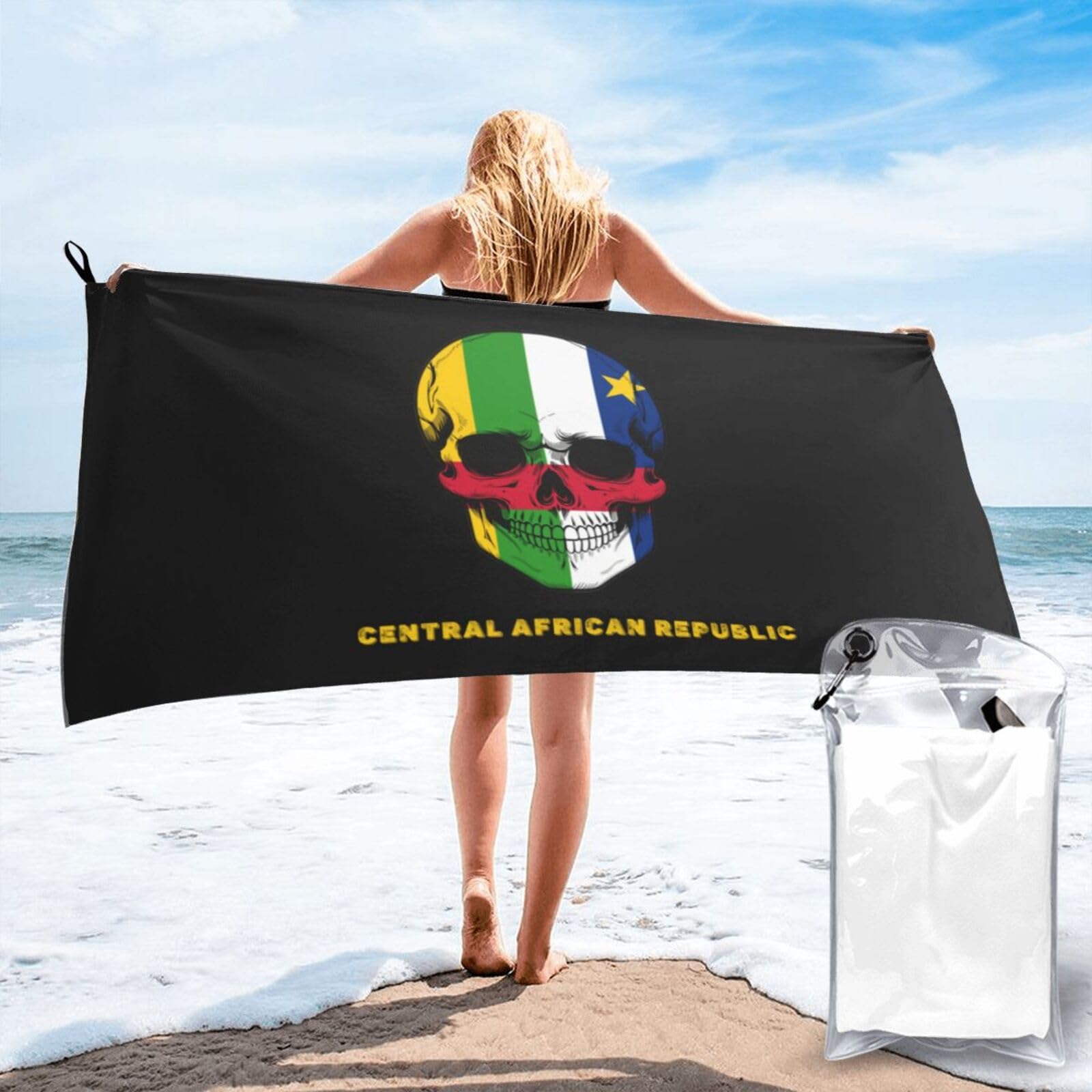 HACXZ Skull Central African Republic Flag Lightweight Absorbent Beach Towel Microfiber Beach Towel 31.5"X63"