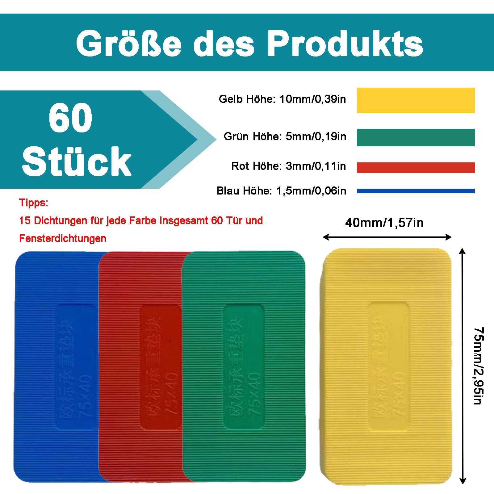 Unterlegplatten Kunststoff, 60 Stück Möbel Nivellierpads Set, 75x40 mm Kunststoff Abstandshalter, 4 Stärke 1,5mm,3mm,5mm,10mm Verglasungsklötze, Abstandhalter Fliesenkeile(Blau, Rot, Grün, Gelb)