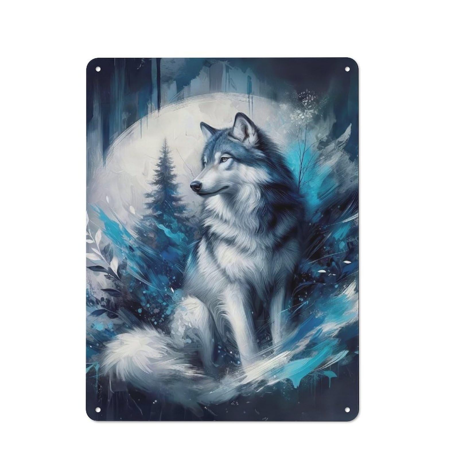 Junmoney Blue Wolf Portrait Tin Wall Plaque 40X30cm With For Workshop Wall, Suited To Workshop Decor Fans, For Retro Home Interiors
