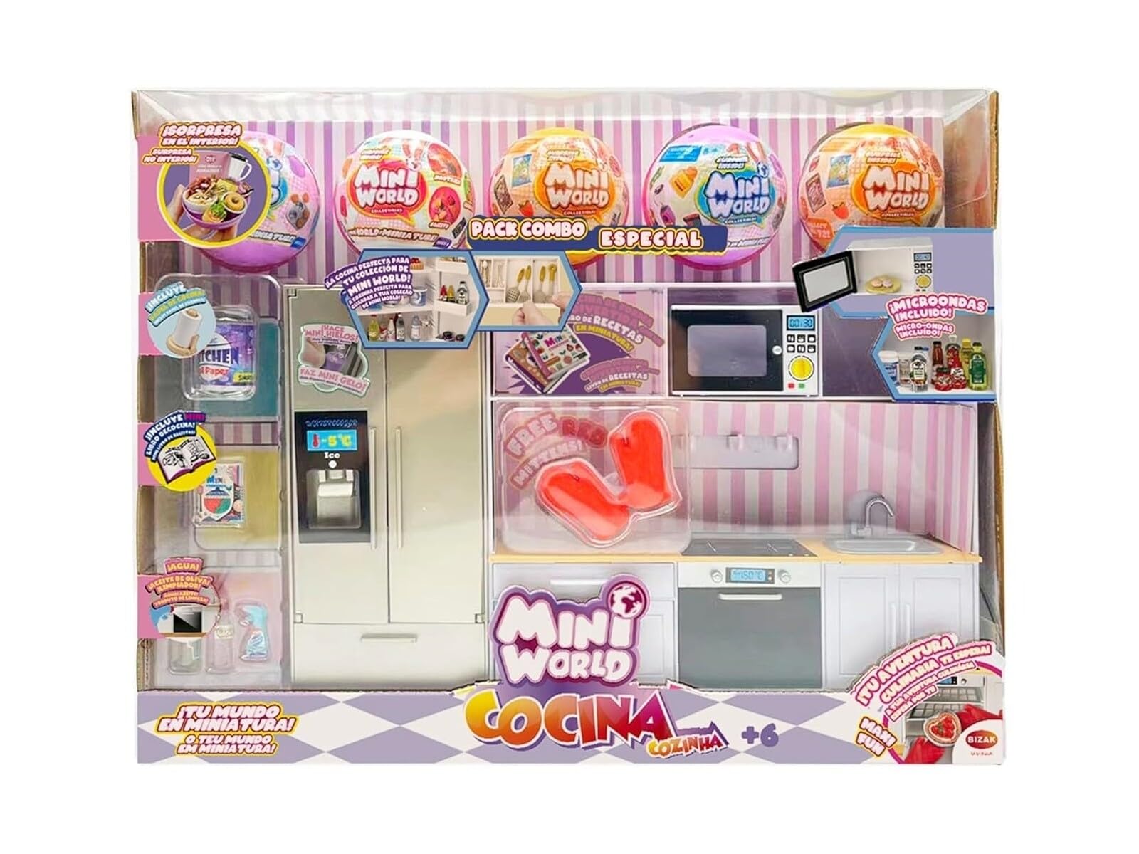 Bizak Mini World Playset Kuchnia z 5 piłkami, Miniaturowy zestaw kuchenny ze szczegółowymi urządzeniami i akcesoriami, Chłopcy i dziewczęta +6 lat (64502007)