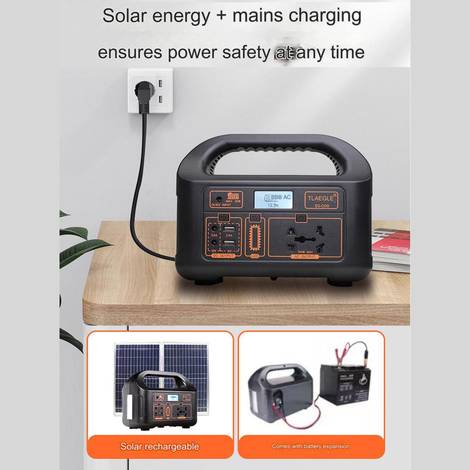 Batterie externe portable 150 W avec lampe LED et signal de sortie corrigé, idéale pour le camping, les aventures en plein air et les situations d'urgence. Parfaite pour les vacances, le camping-car