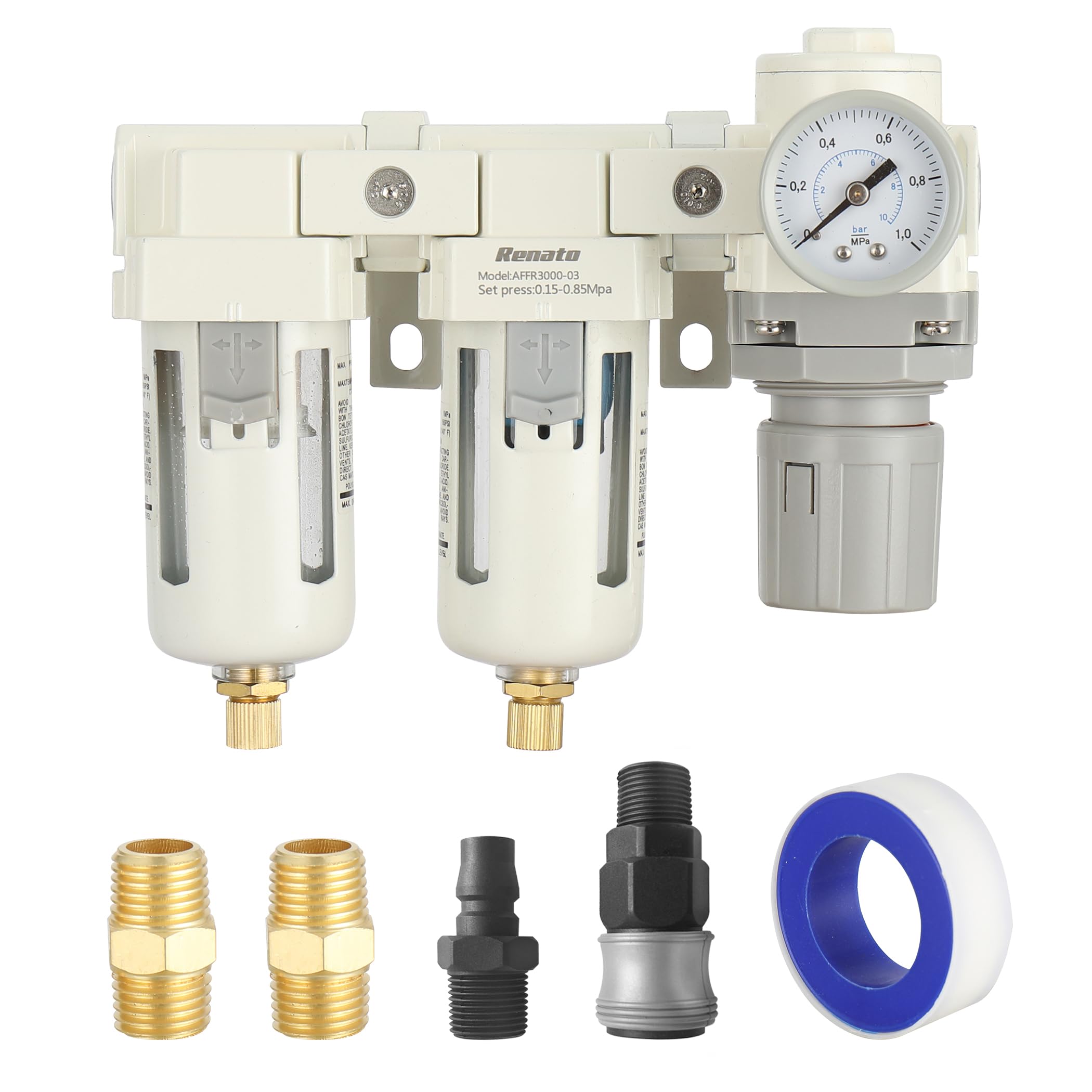 3/8" NPT Three Stage Air Drying System - 5 Micron Particulate Filter Air Pressure Regulator Combo - 0-125psi Gauge, Semi-Auto Drain, Metal Bracket
