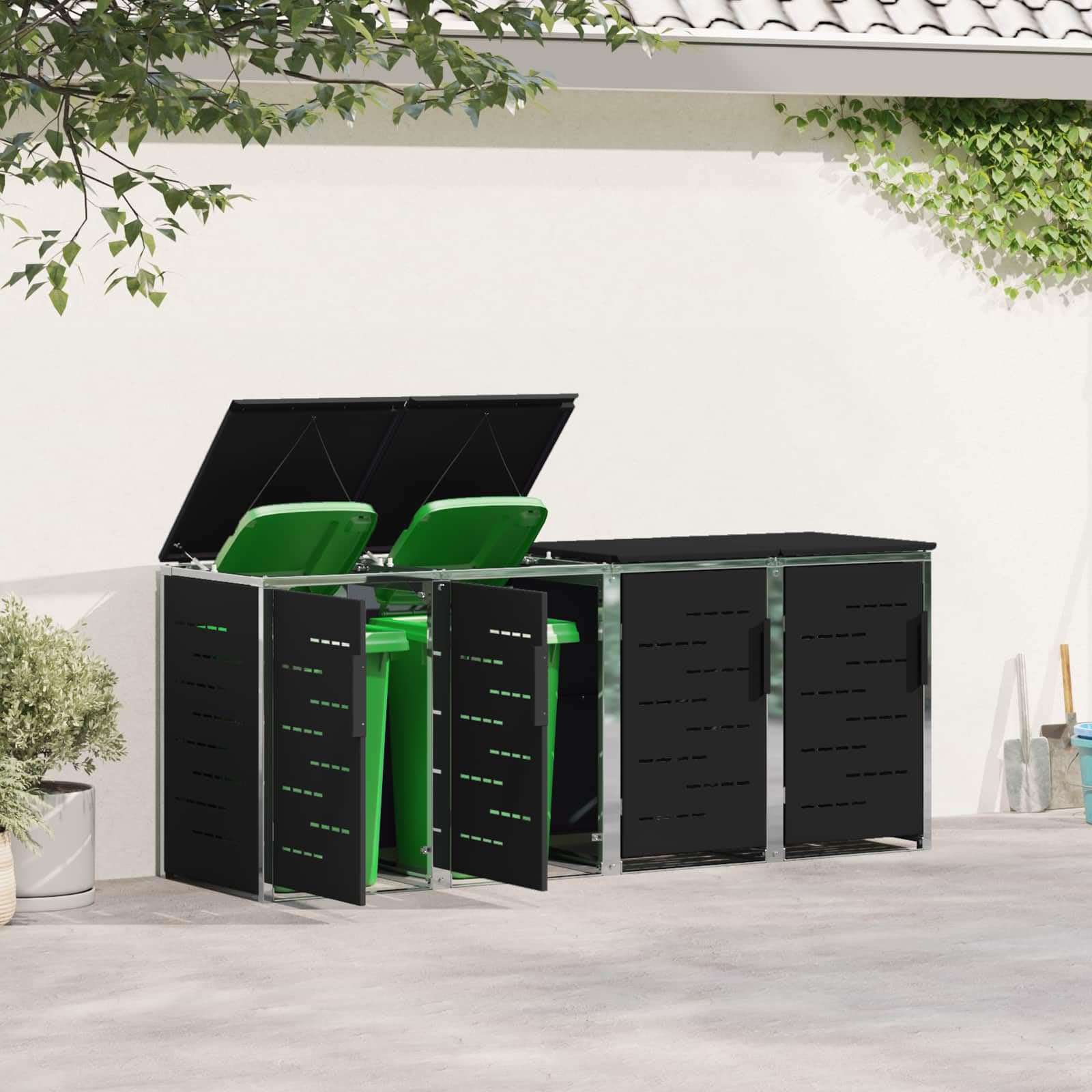 Mülltonnenbox Edelstahl Schwarz 4 Bins 240L | Erweiterbarer Schrank, Soft-Close Deckel, Magnetverschluss, Lüftungspanels