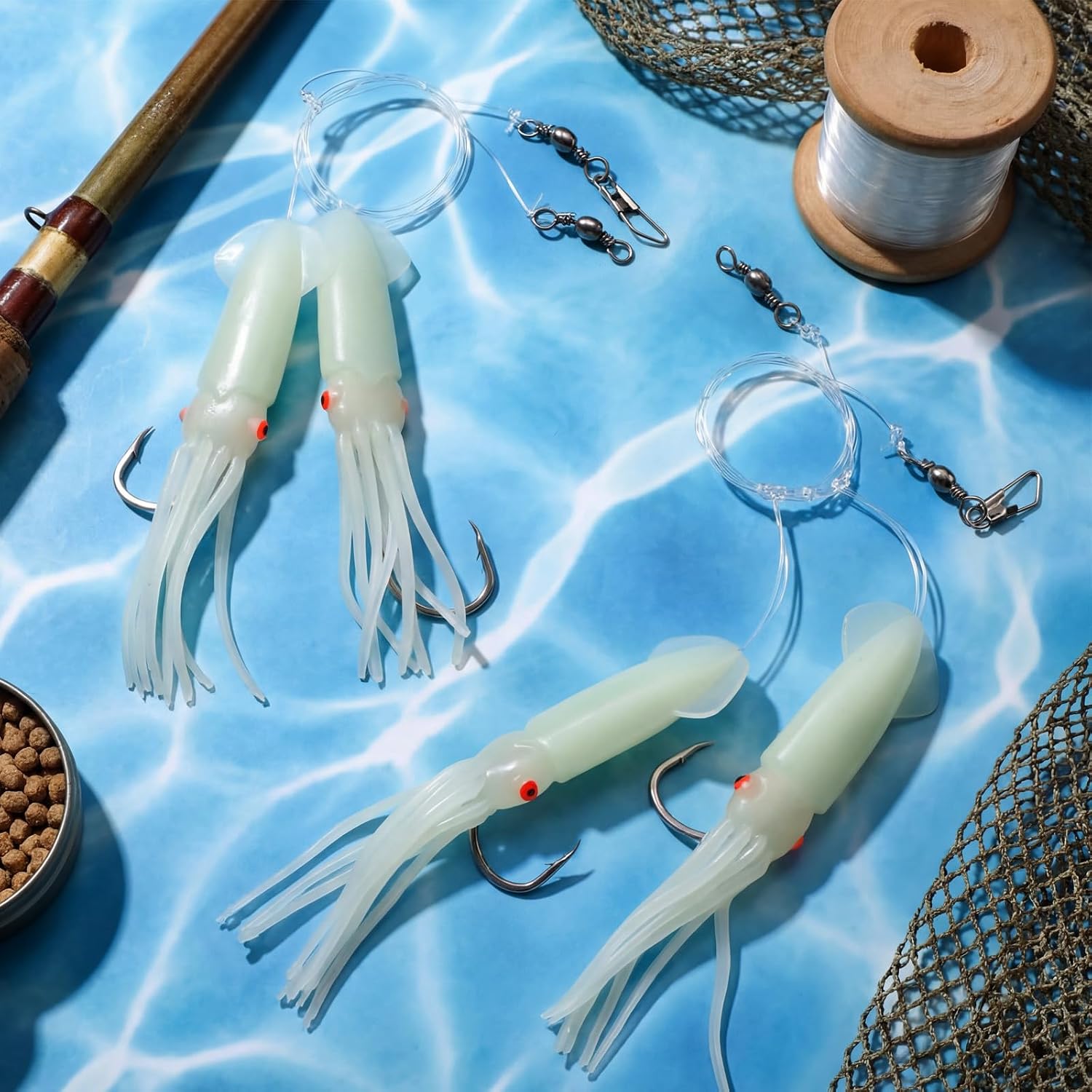 12 Sets Cod Squid Halibut Rigs with Glow Luminous Skirts, Includes 4.5-inch Ball Squid Lures Jigs and 7/0 Hooks, 50-Pound Leader, for Deep Sea Saltwater Fishing, Lingcod, Rockfish