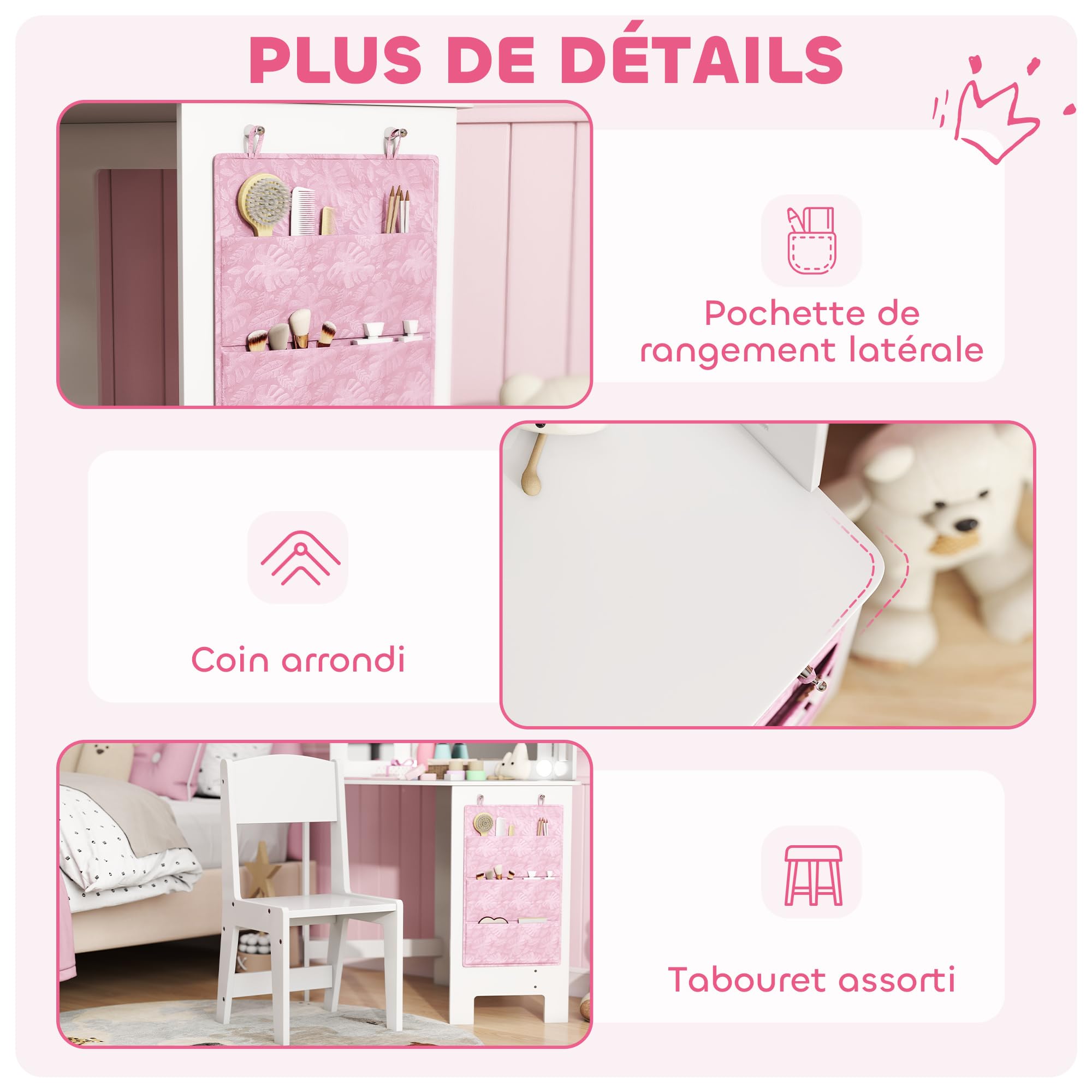 AIYAPLAY Coiffeuse Enfant 2 en 1 avec Tabouret, Bureau Fille avec Miroir triptyque et lumières LED Bicolores, Pochette de Rangement latérale, Table de Maquillage pour Enfants de 3 à 8 Ans, Blanc