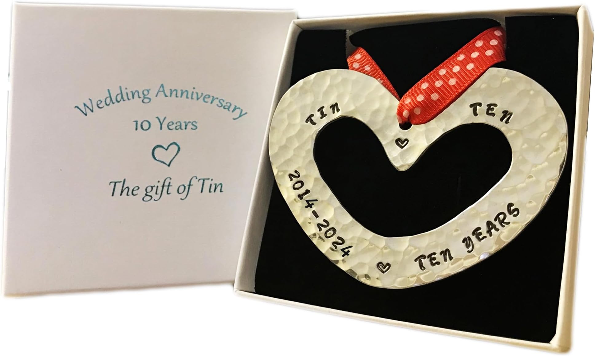 10th Anniversary Tin Gift. Stamped 2015-2025; Small Tin Heart Wall Hanging.