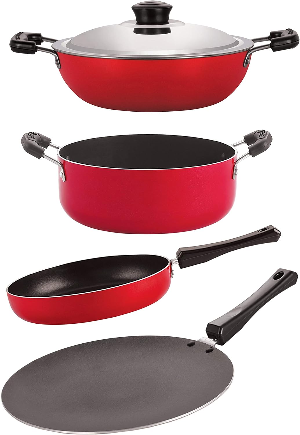 NIRLON Aluminium Nonstick Cookware Set, Red and Black - 4 Pieces