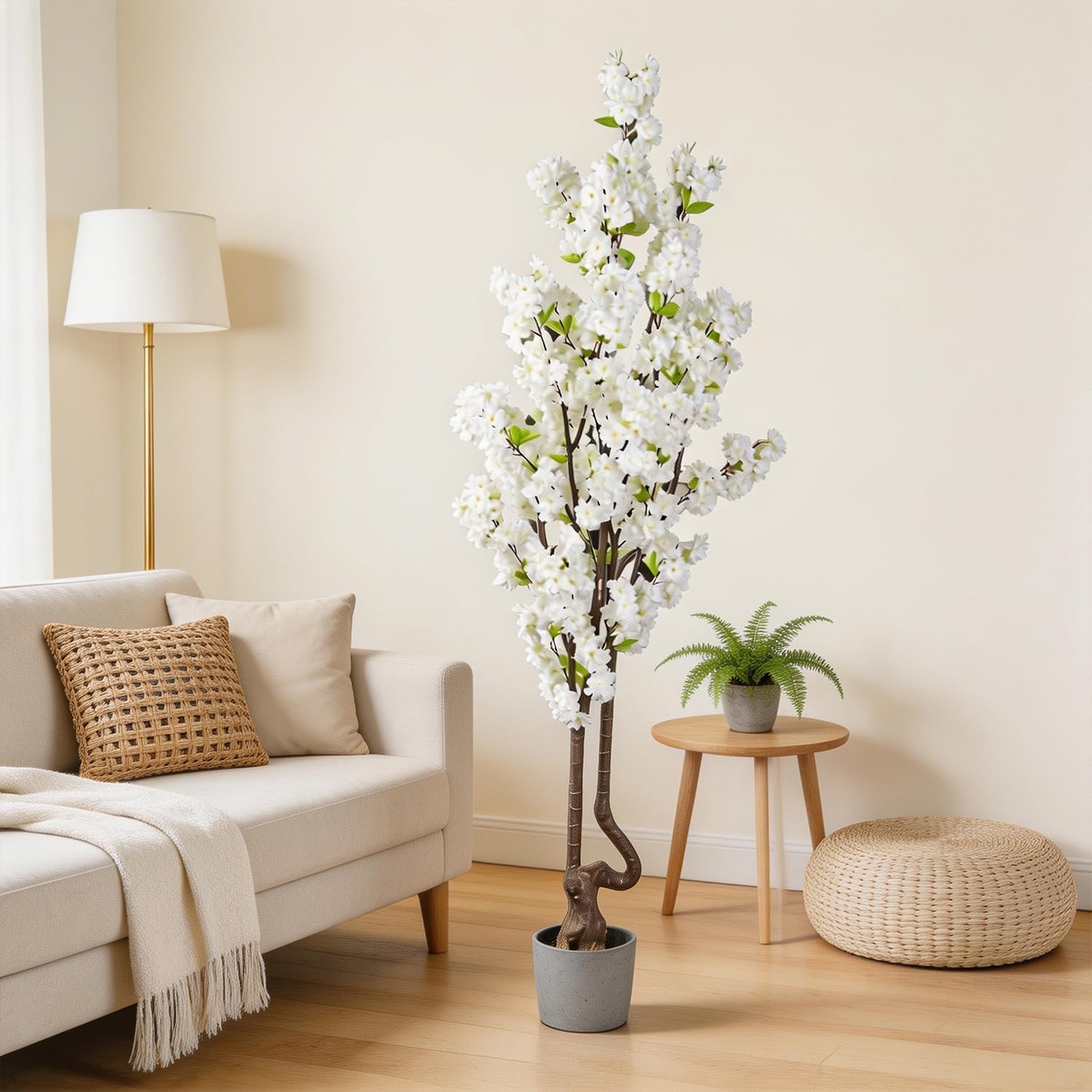 7.2 ft White Artificial Cherry Blossom Tree, Nearly Nature Faux Silk Flower Tree Indoor, Fake Realistic White Flowering Tree for Christmas New Year Home Decor