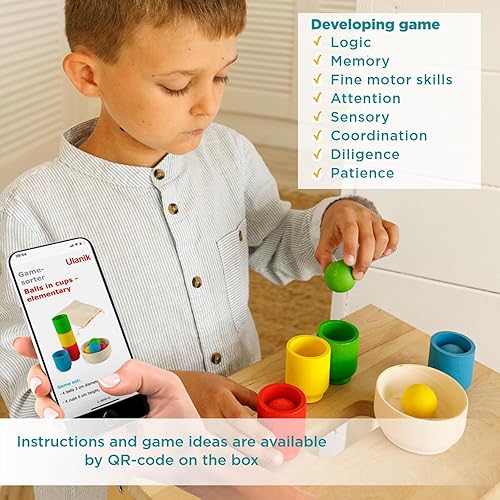 Miniatura 6 de Ulanik Kit de iniciación de bolas en tazas, juguetes Montessori para niños de 1 año, juego de madera a juego para aprender a clasificar y contar