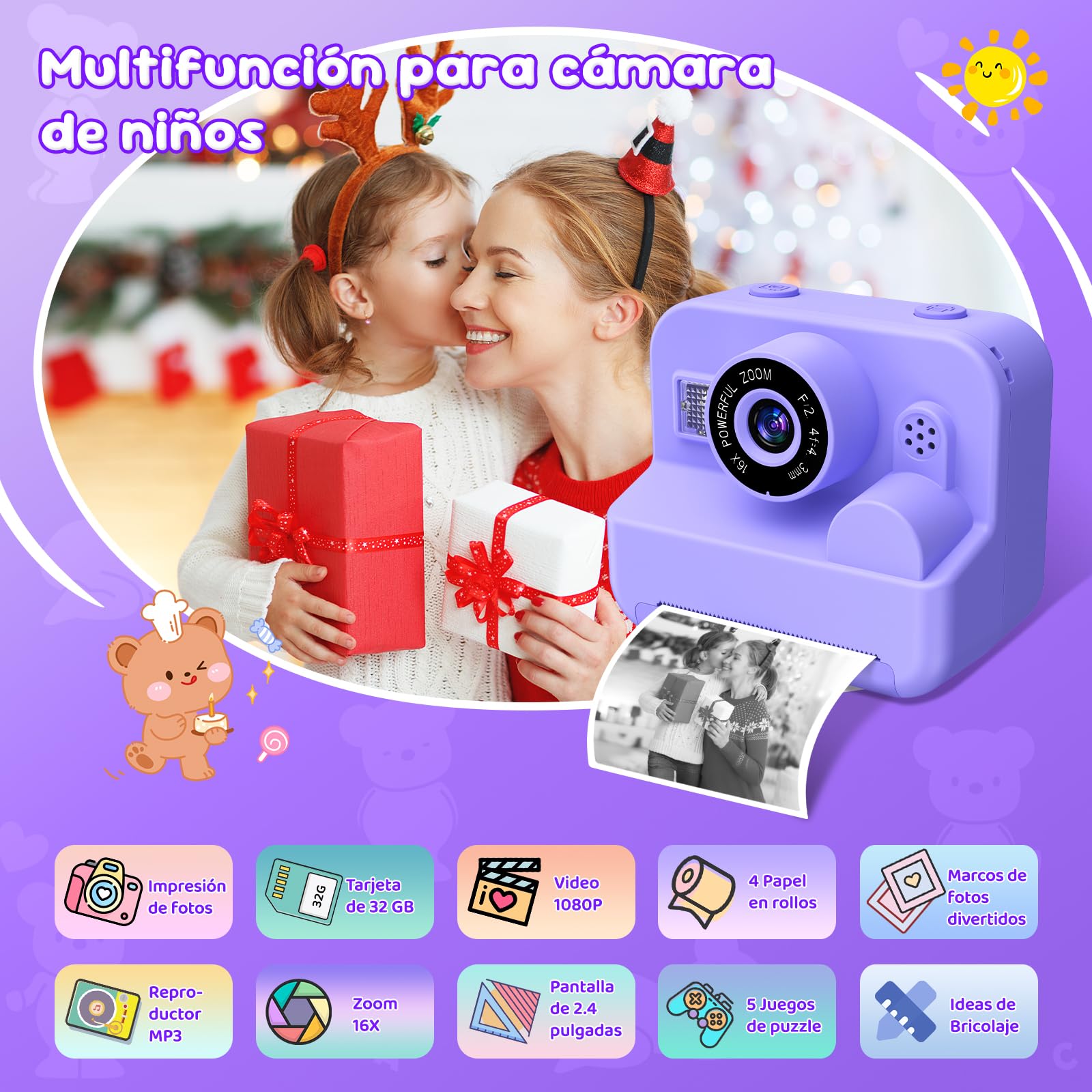 Cámara de Fotos Infantil Instantáneas - 1080P 2.4" Cámara Selfie Instantánea para Niños con Papel de Impresión y Tarjeta 32GB, Juguete Regalo Navidad para Niño y Niña de 3 a 12 Años (Morado)