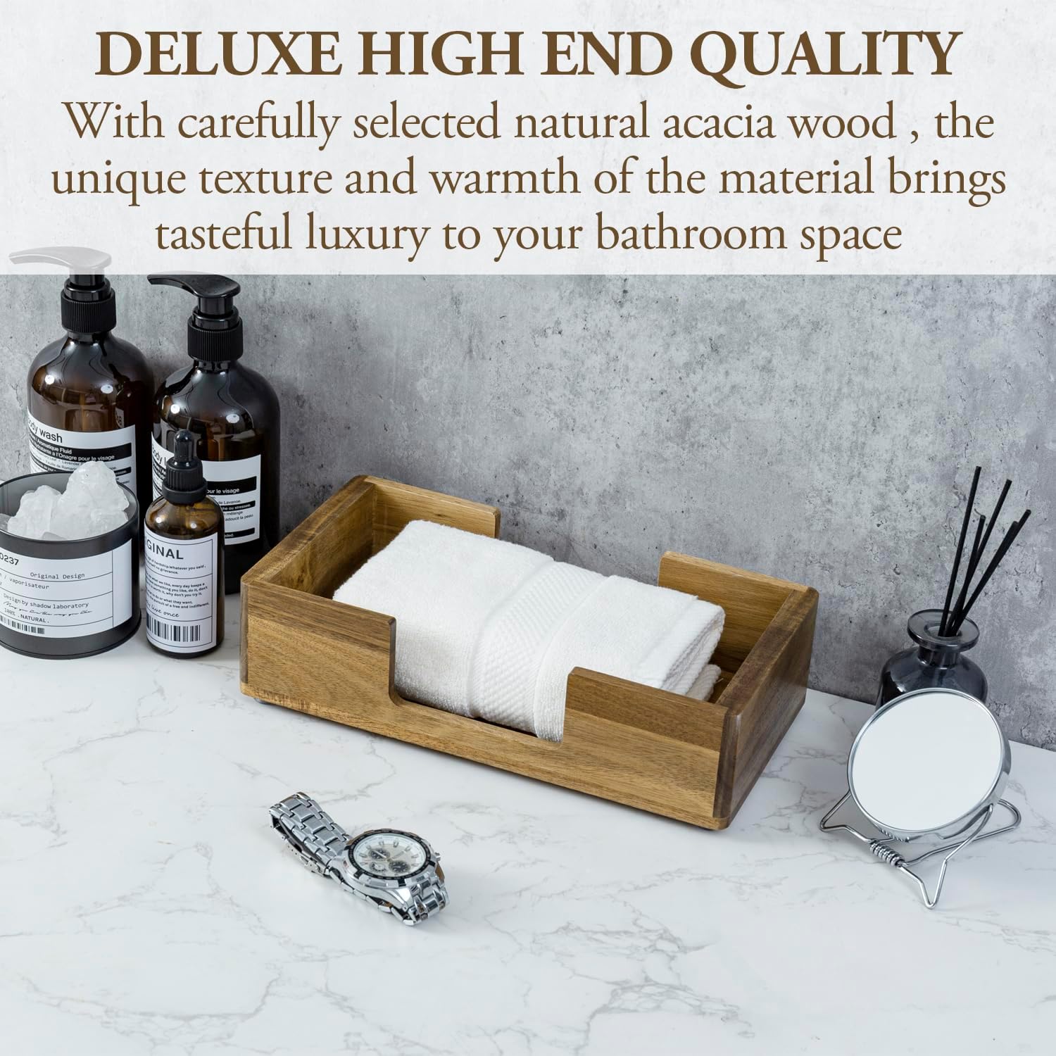 MyGift Trifold Paper Towels, Modern Metal Wire Bathroom Paper Hand Towel Holder in Brass Tone Finish, Guest Bathroom Countertop Vanity Disposable Folded Trifold, C-fold, (Acacia Wood)
