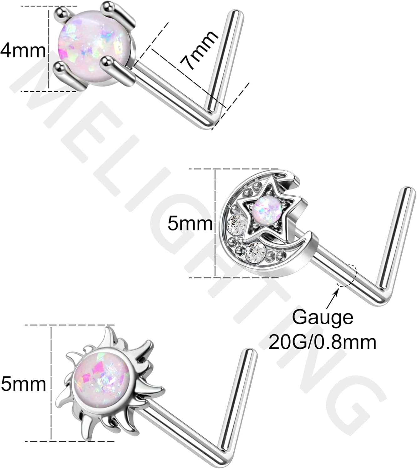MeIighting Nose Rings 20G Moon Nose Studs Stainless Steel 316L Sun Nose Piercing Jewelry L Shaped for Women Men Body Piercing Jewelry - Image 6