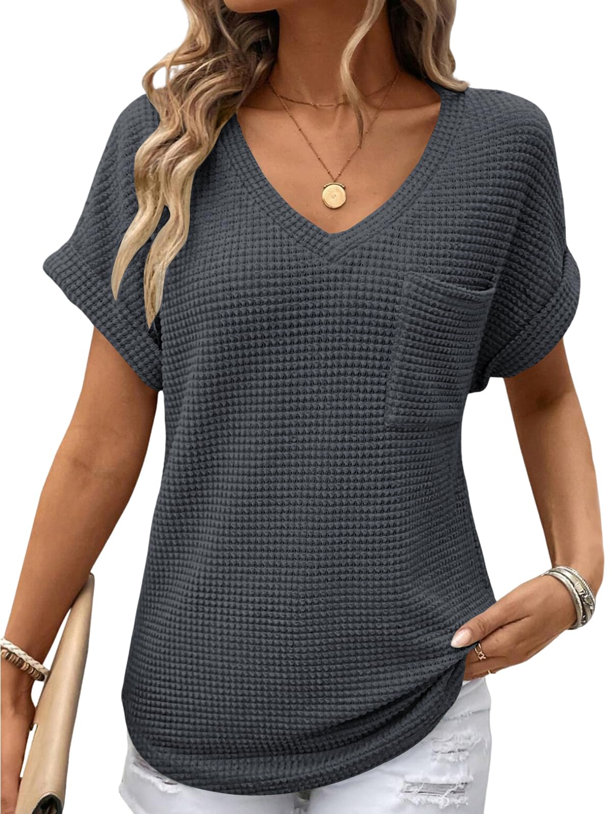 Cuptacc Tshirt Damen V Ausschnitt Waffle Casual Top Basic Kurzarm T-Shirt | Bequemer Waffelstoff,V Ausschnittm,Kurzarm,Mit Tasche,Lose,Basics,Lässig,Komfort,Weich,Leicht Und Luftig