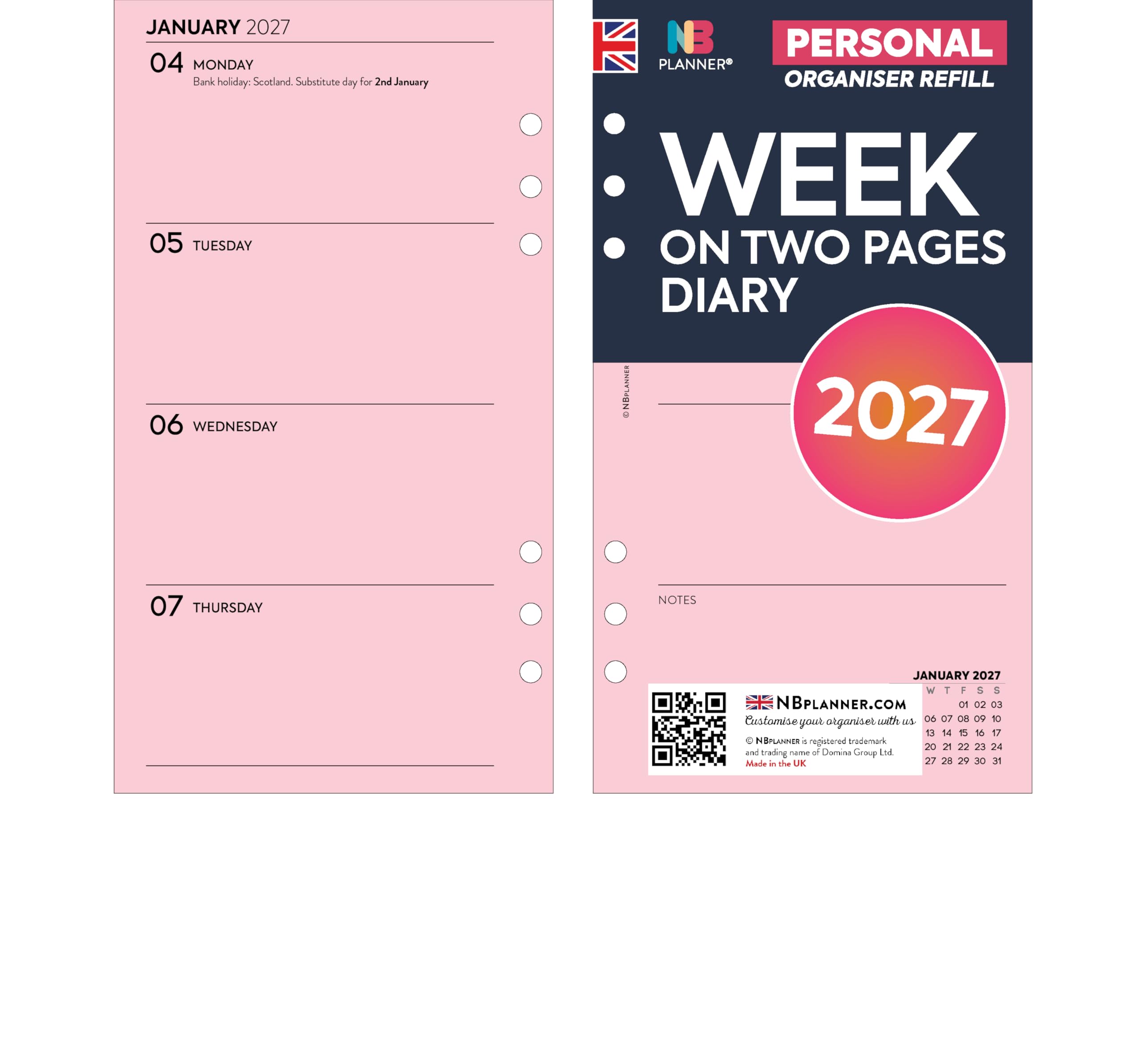 2027 week on two pages pink paper diary refill organiser insert | January 2027 – December 2027 | Compatible with Filofax personal size organiser | 95 x 171mm