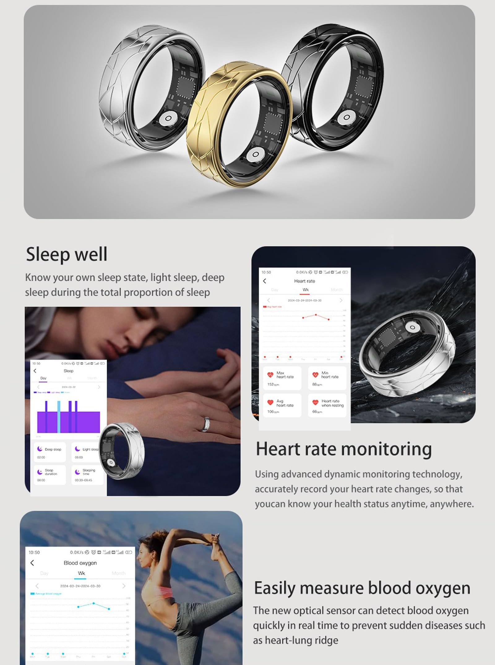 Smart Ring - Anillo de salud para hombres y mujeres, monitor de frecuencia cardíaca, monitor de sueño, monitor de fitness, anillos para hombres, control de gestos, podómetro, contador de pasos