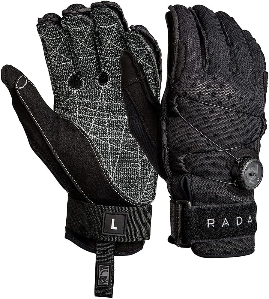 Radar Men's Vapor-K BOA Water Sports Gloves - Kevlar Grip, Ariaprene Construction, Aramid Palm, Pre-Curved Fingers, Precision BOA Fit System, Black/Shadow Ariaprene