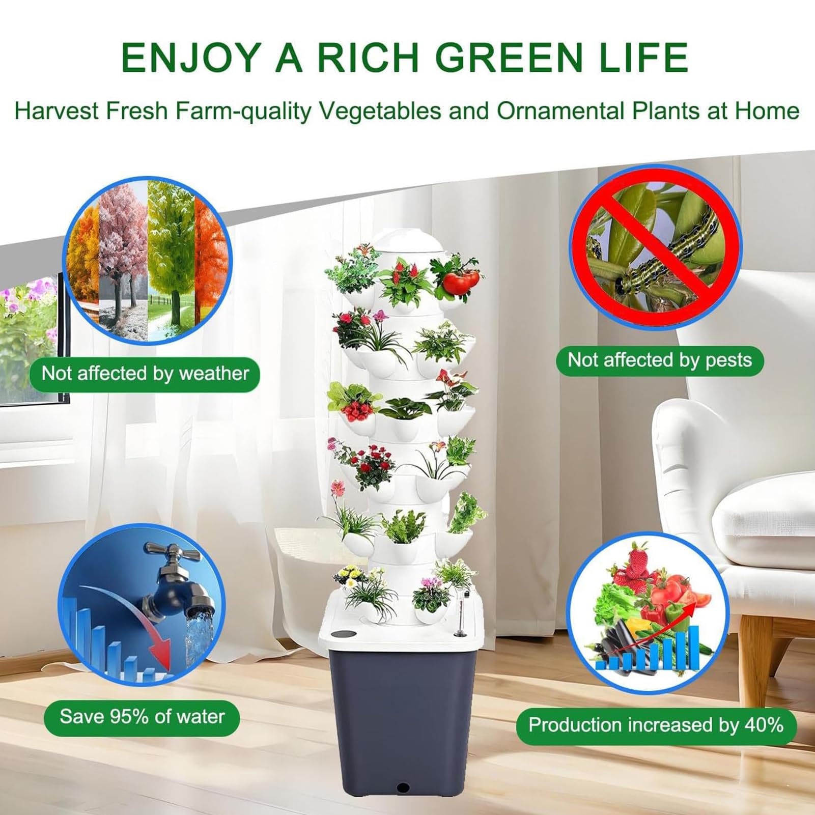 Sistema de Cultivo hidropónico | Aeroponics Indoor Tower Garden | para Hierbas, Frutas y Verduras con Bomba de hidratación, Adaptador, ollas de alimentación y Temporizador