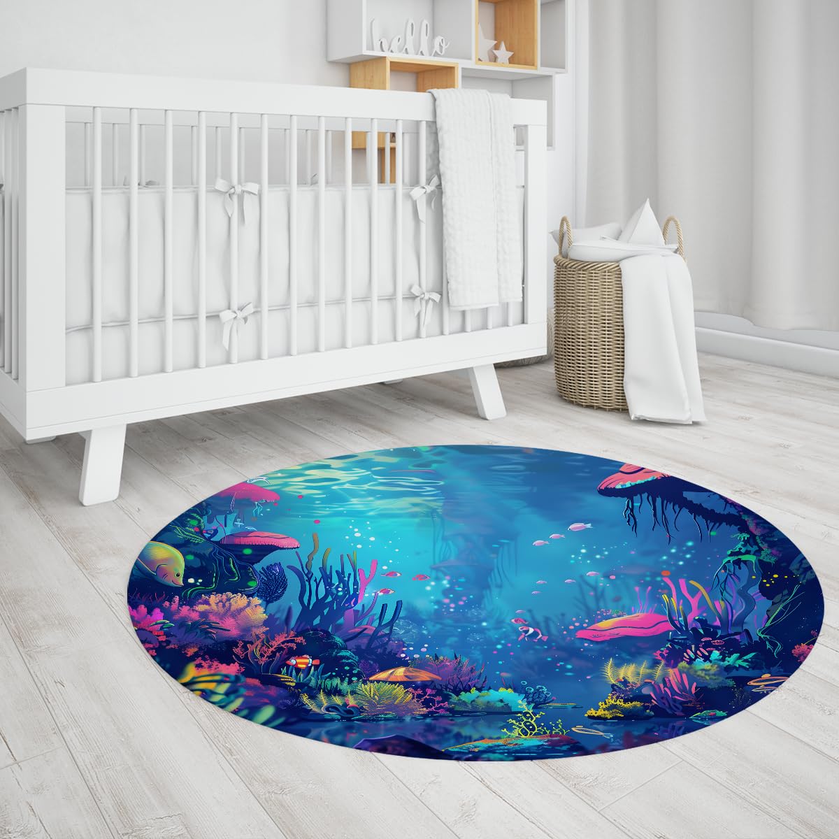 Blaue runde Teppiche 100cm Cartoon Unterwasser Korallen Fisch Szenerie Abwaschbarer Rutschfester Rücken mit niedrigem Florwurf Kreis Teppich für das Bett des Gästezimmers
