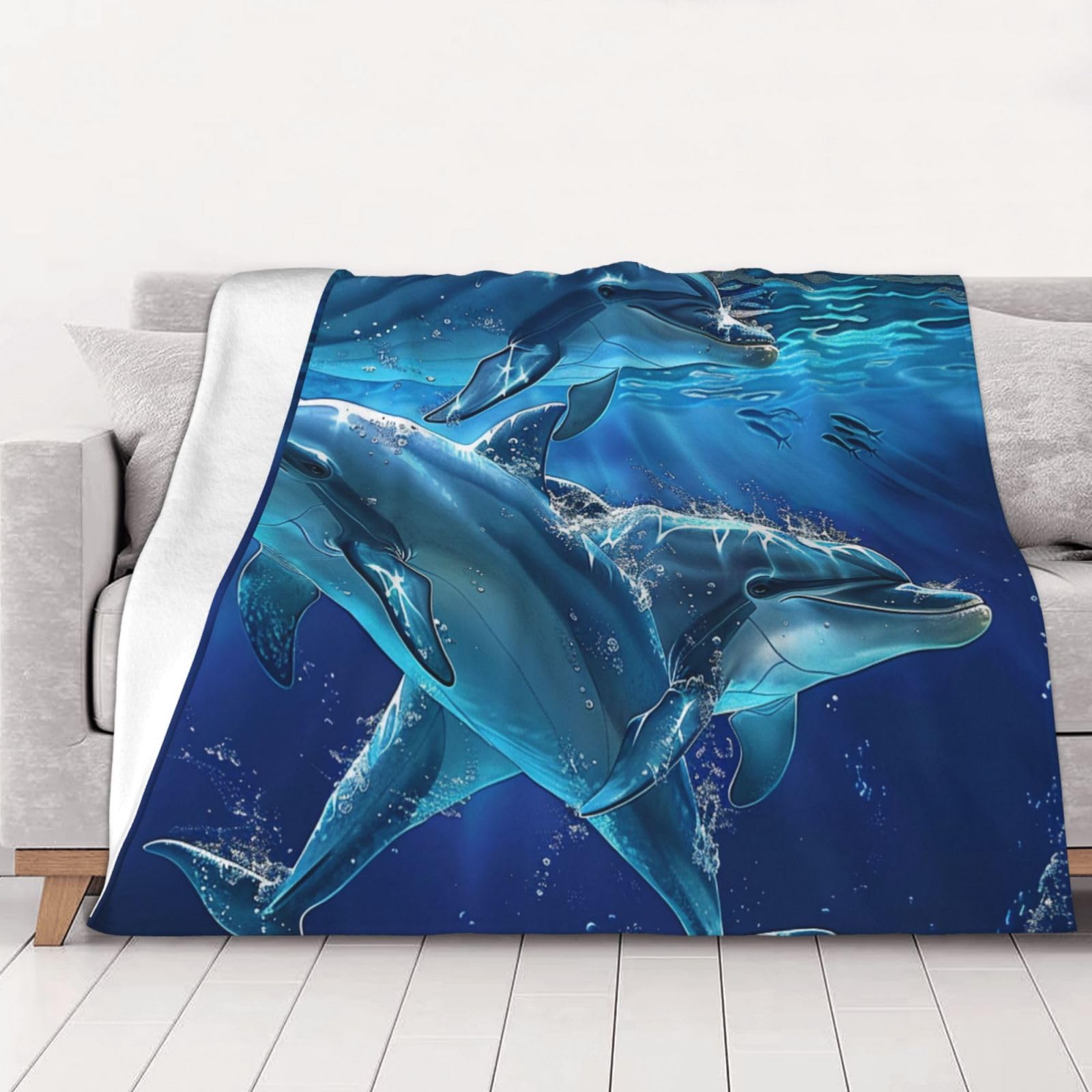 AUBKFELD Dolphins Printed Flannel Blanket 150x125 CM, Soft & Warm Throw Blanket for Sofa/Couch/Bed/Car, Gifts for Audlts Women Men