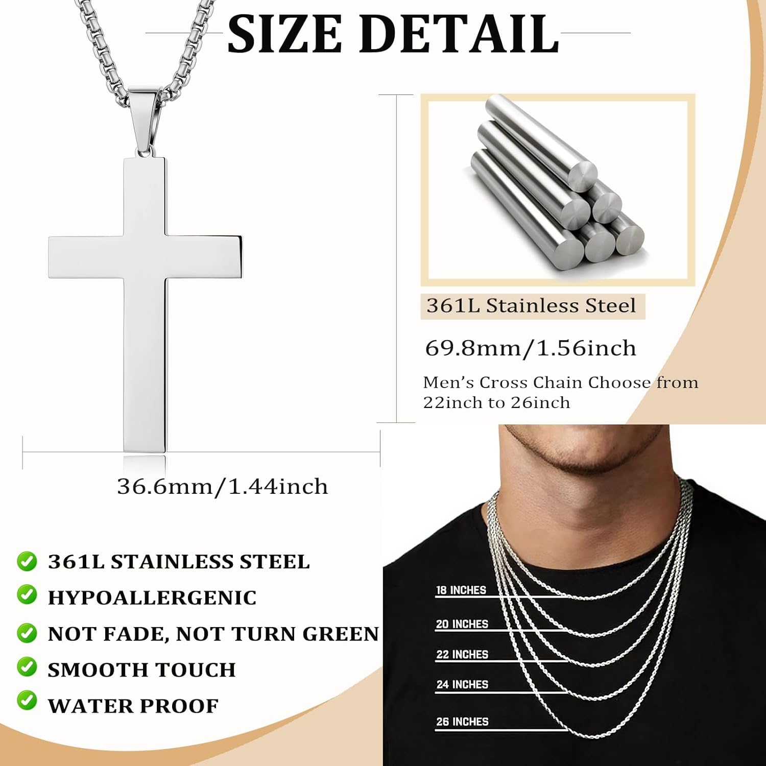 Simple Cross Necklace for Men 316L Stainless Steel Cross Pendant Jesus Christ Cross Jewelry, with Rolo Chain 22/24/26 Inch - Image 6