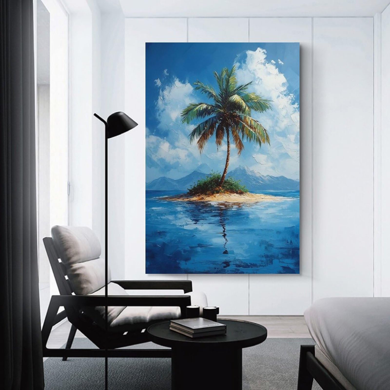Junmoney Unframe-Style-16 Tropical Island Palm Tree Painting Canvas Wall Picture, 24X36inch(60X90cm), For Study, Office Or Focused Interiors, Home Office Artwork With Decorative Appeal