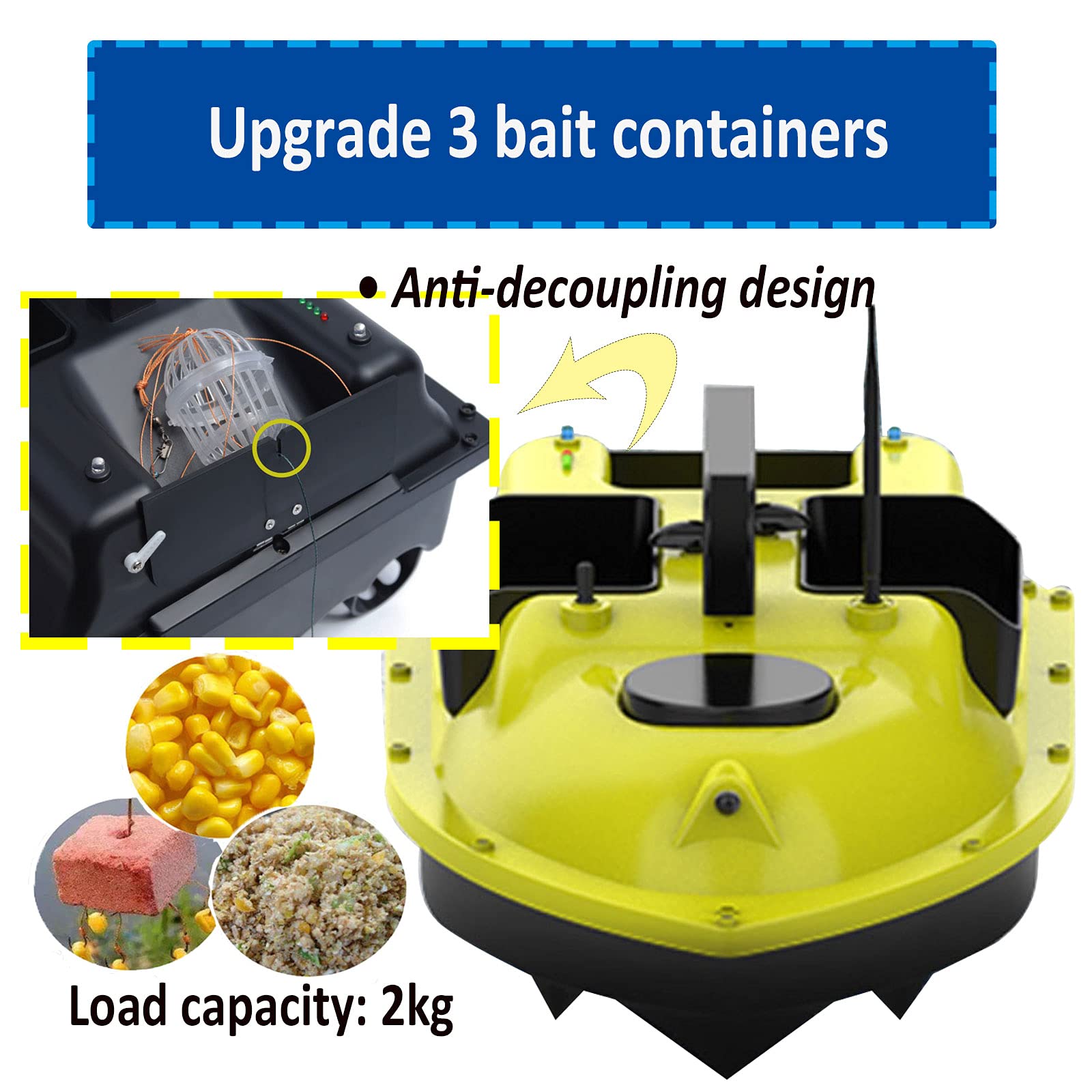 Barco Cebador para Pesca, Barco Cebador con 3 Contenedores de Cebo, Barco Cebador Carpfishing para Entusiastas de La Pesca, Una Tecla para Iniciar el Control de Crucero, 5200mAh