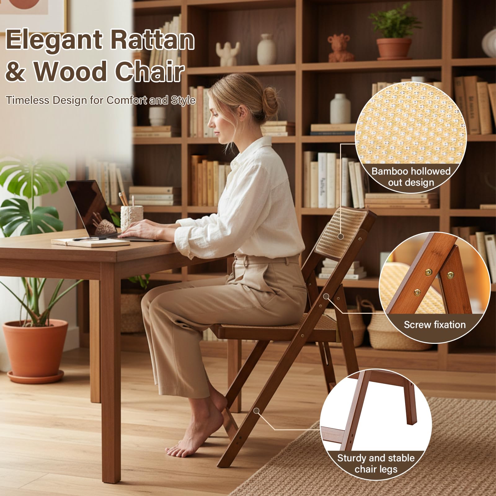Tiita Set Di 2 Sedie Da Pranzo Pieghevoli In Rattan E Legno - Stile Mid-Century, Per Piccoli Spazi, Noce
