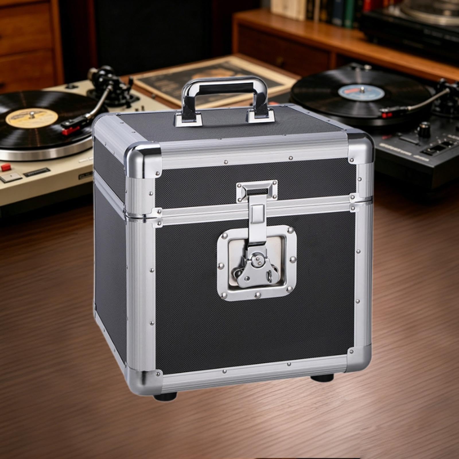 Scatola Porta Dischi Vinile Custodia Archiviazione Organizzatore Cassettina Maneggevole Alluminio Robusto Resistente All'umidità con Blocco per DJ App, L Black