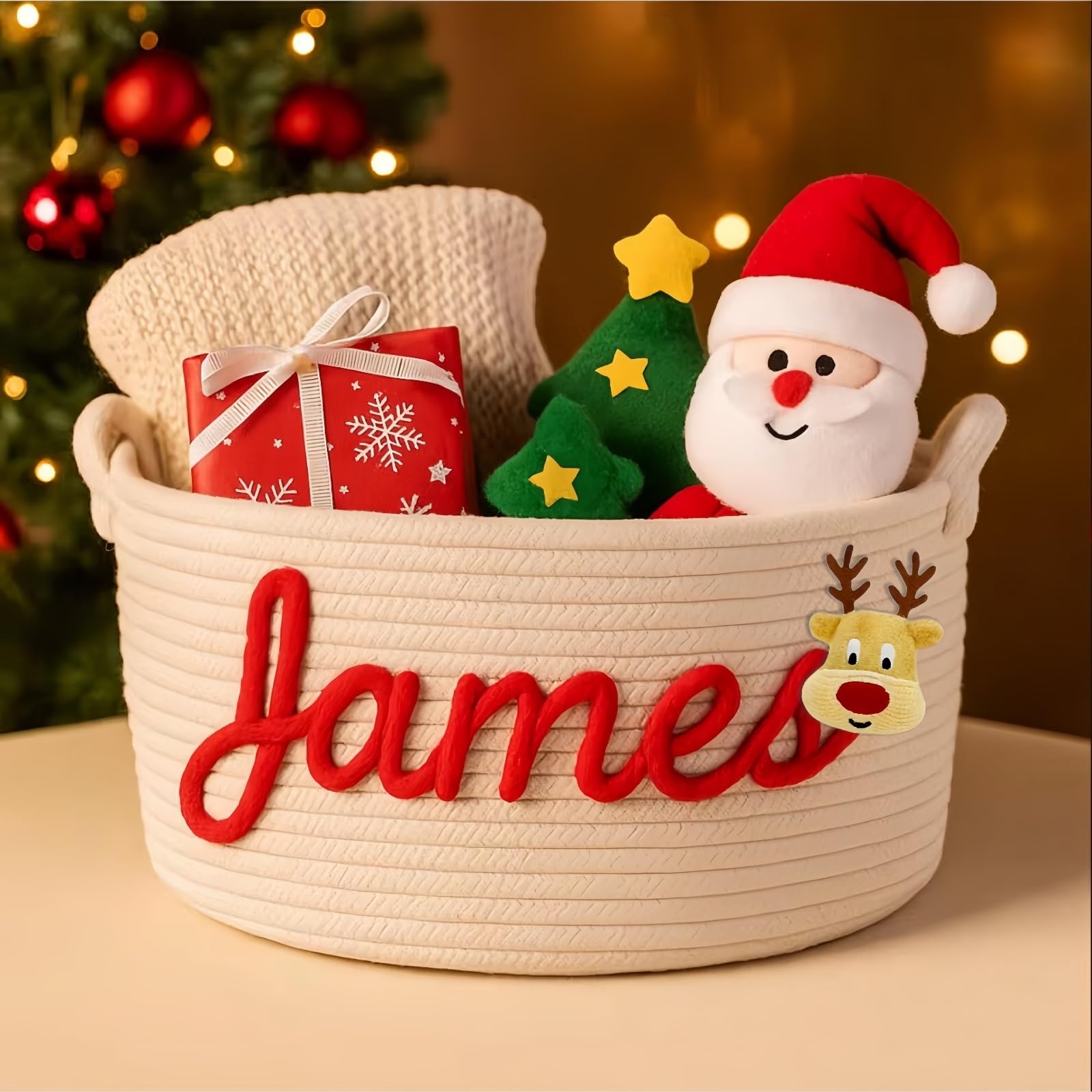 Personalised Baby Shower Basket, Custom Gift Basket With Name for Christmas, Rope Cotton Diaper Caddy Organizer For Newborn Baby, Toy Storage Box, Nursery Decor(M: 19X13X35cm)