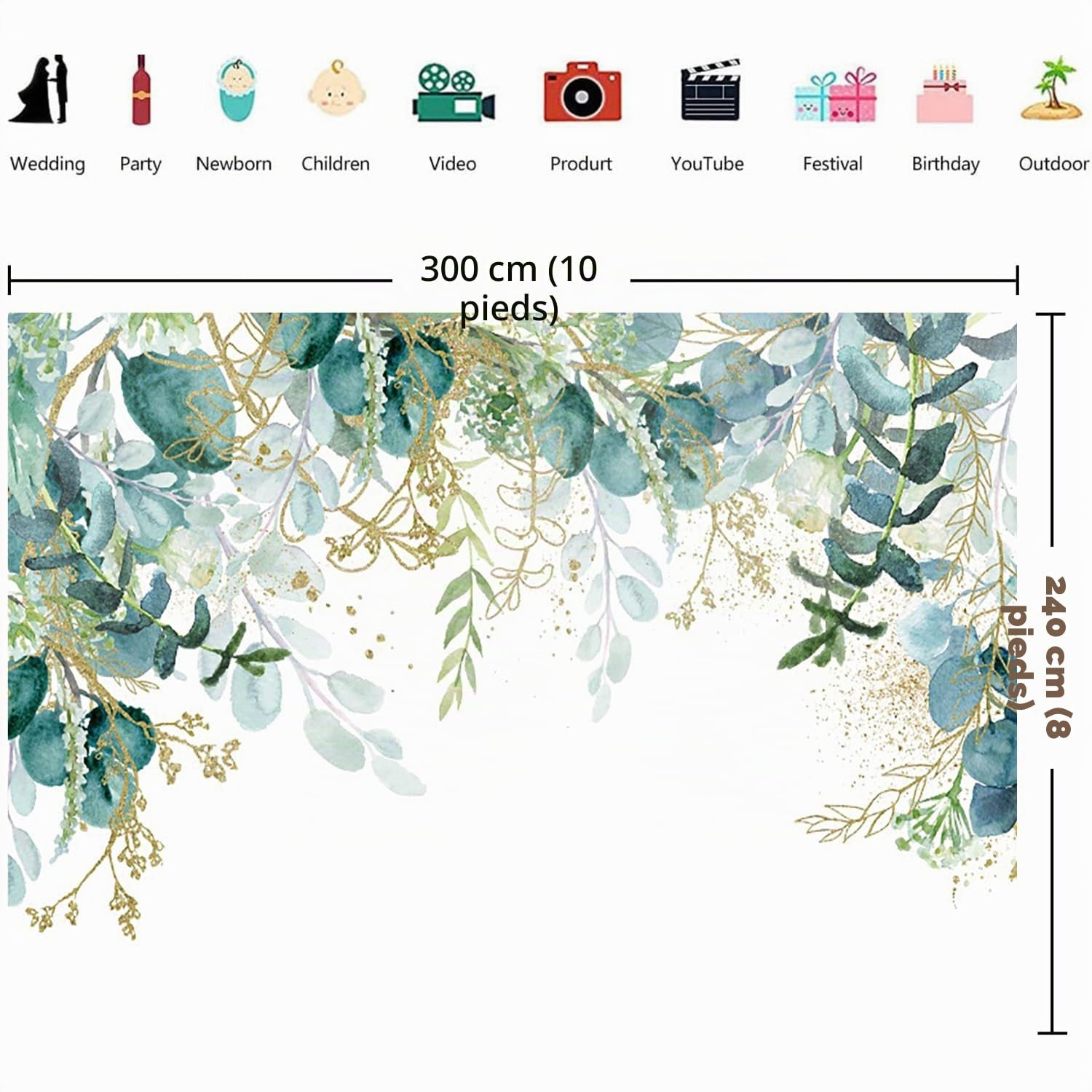 3x2.4m Toile de Fond Verdure Or et Vert Feuilles d'eucalyptus Fond Photographique Mariage Baby Shower Anniversaire fête décorations bannière photomaton Accessoires