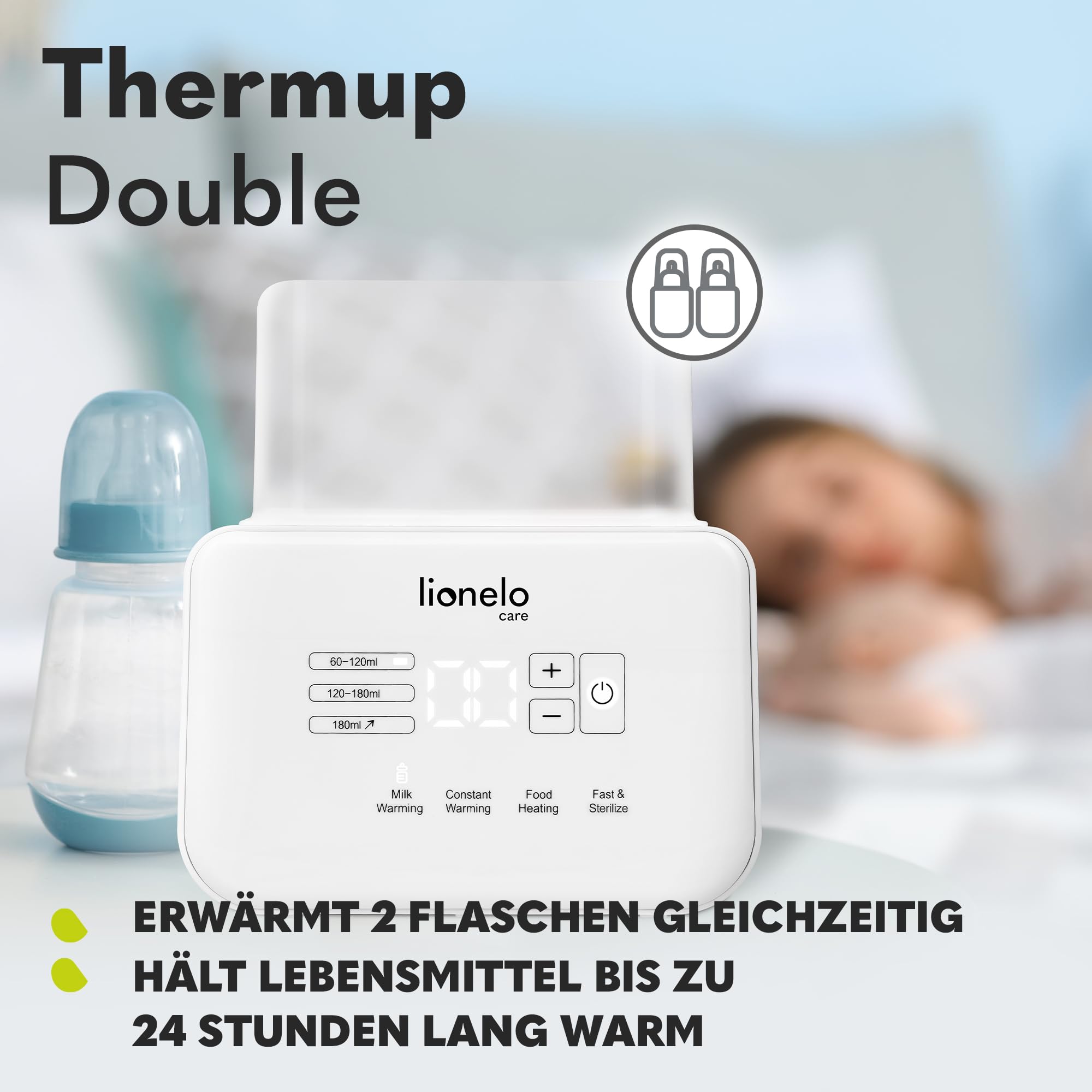 LIONELO THERMUP Doppel-Flaschenwärmer, 2 Flaschen gleichzeitig, erhitzen Erhitzen der Milch in 3-5 Minuten, 6 Arbeitsmodi, Funktion Sterilisator und Defrost, Ruhige Arbeit, Sicher zu benutzen