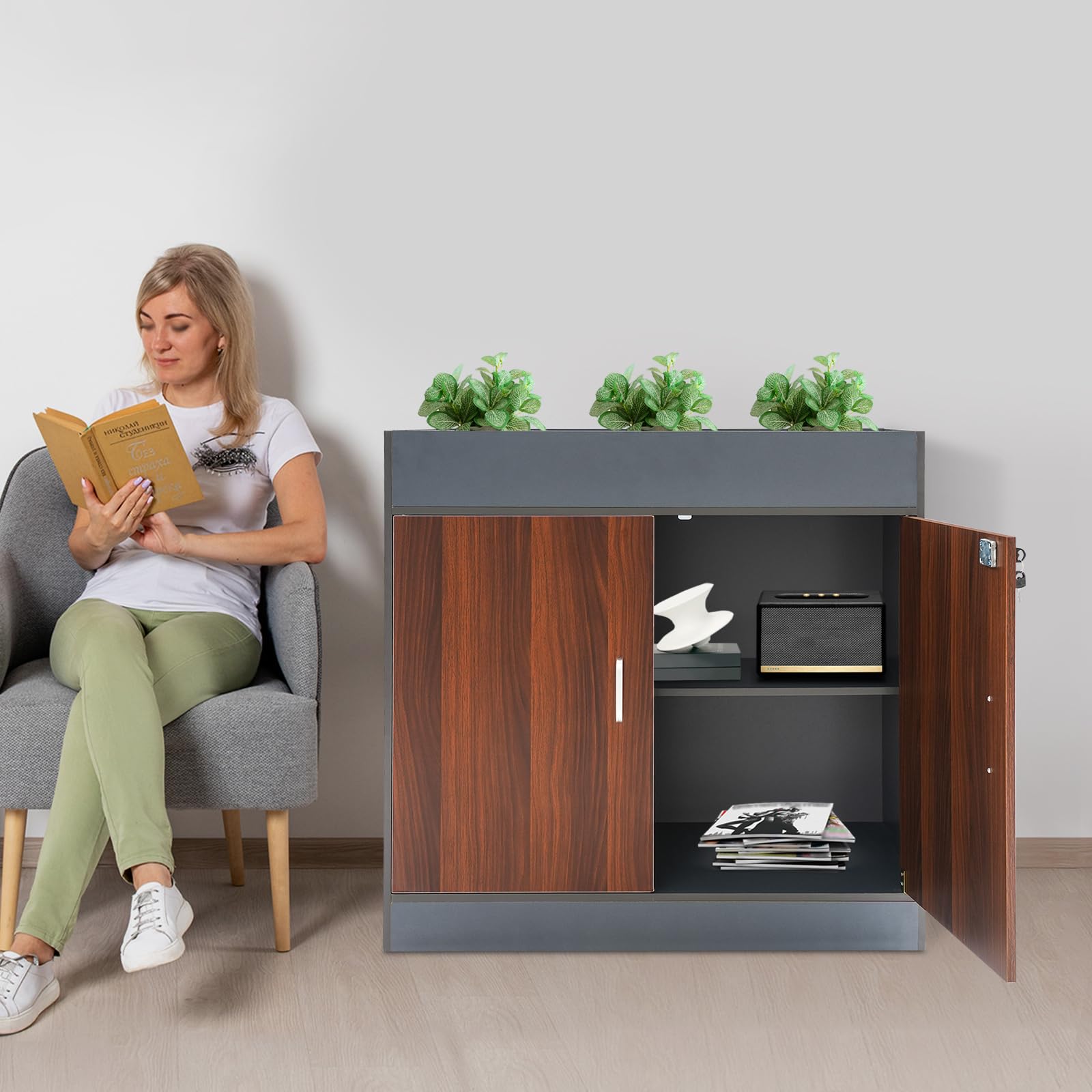 Armadietto portaoggetti, in metallo, nero, per uffici, spazi finanziari, laboratori, 80 x 40 x 80 cm