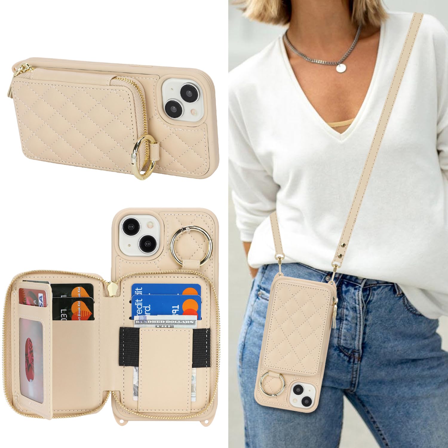 Hamany Crossbody Wallet Case for iPhone 15 Plus, PU Leather Zipper Handbag Purse Flip Cover, Kickstand Folio Case with Card Slots Holder Wrist Strap