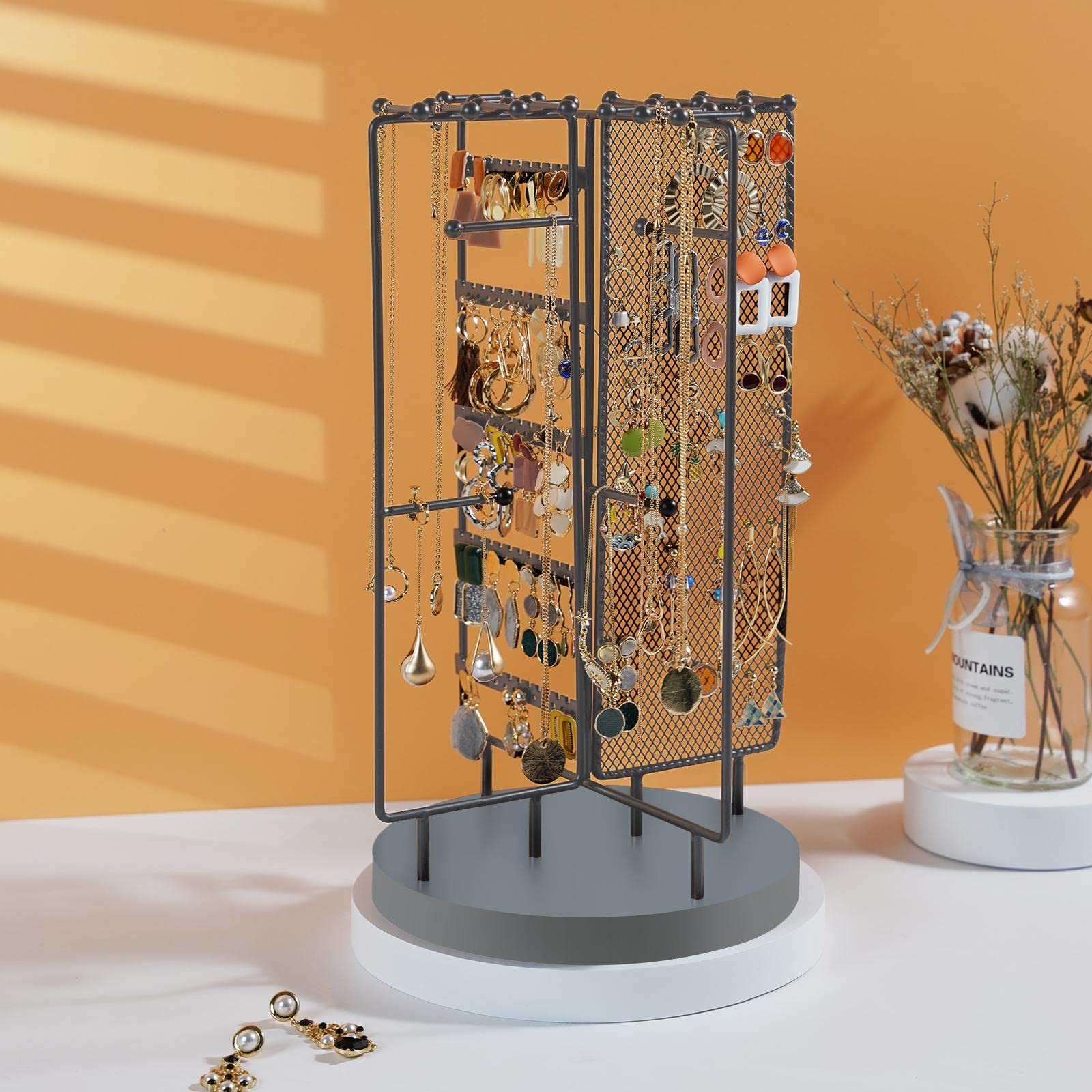 ProCase Porte Bijoux Rotative, Porte Boucle d’Oreille Collier Bracelet, Présentoir Bijoux en Métal avec Base Pivotante -Gris