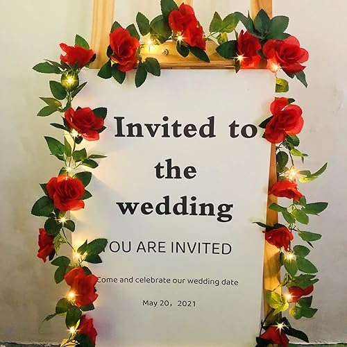 Miniatura 6 de Guirnalda de luces artificiales de vid de rosas de 7.5 pies, funciona con pilas, guirnalda de flores de rosas para San Valentín, boda, dormitorio,