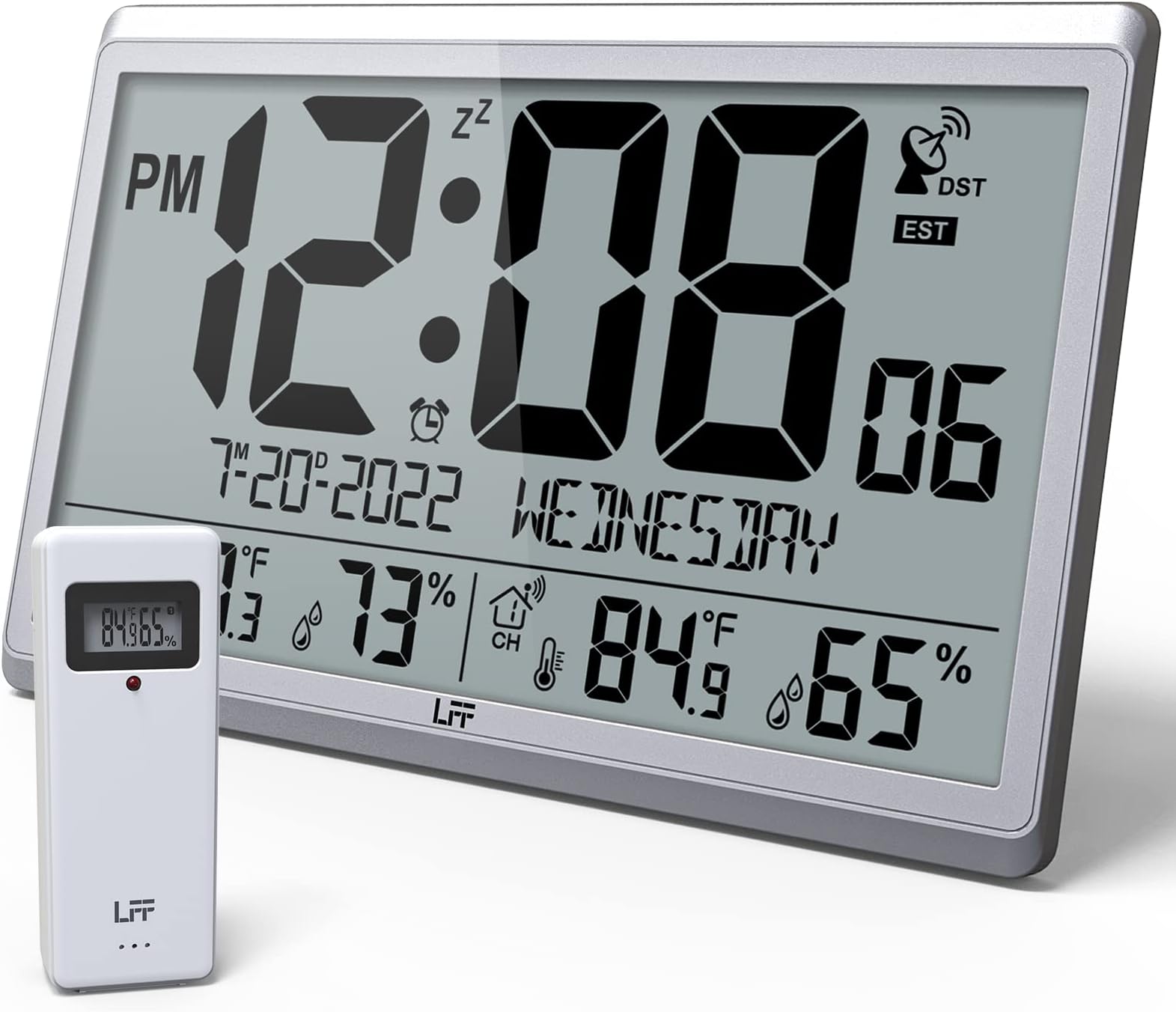 LFF Atomic Clock/Never Needs Setting, Digital Wall Clock with Indoor Outdoor Temperature & Humidity, Battery Operated, Wireless Sensor, 4.5'' Numbers Easy-to-Read, Silvery (LWC150)