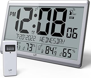 LFF Atomic Clock/Never Needs Setting, Digital Wall Clock with Indoor Outdoor Temperature & Humidity, Battery Operated, Wireless Outdoor Sensor, Atomic Wall Clock with 4.5" Numbers Easy-to-Read